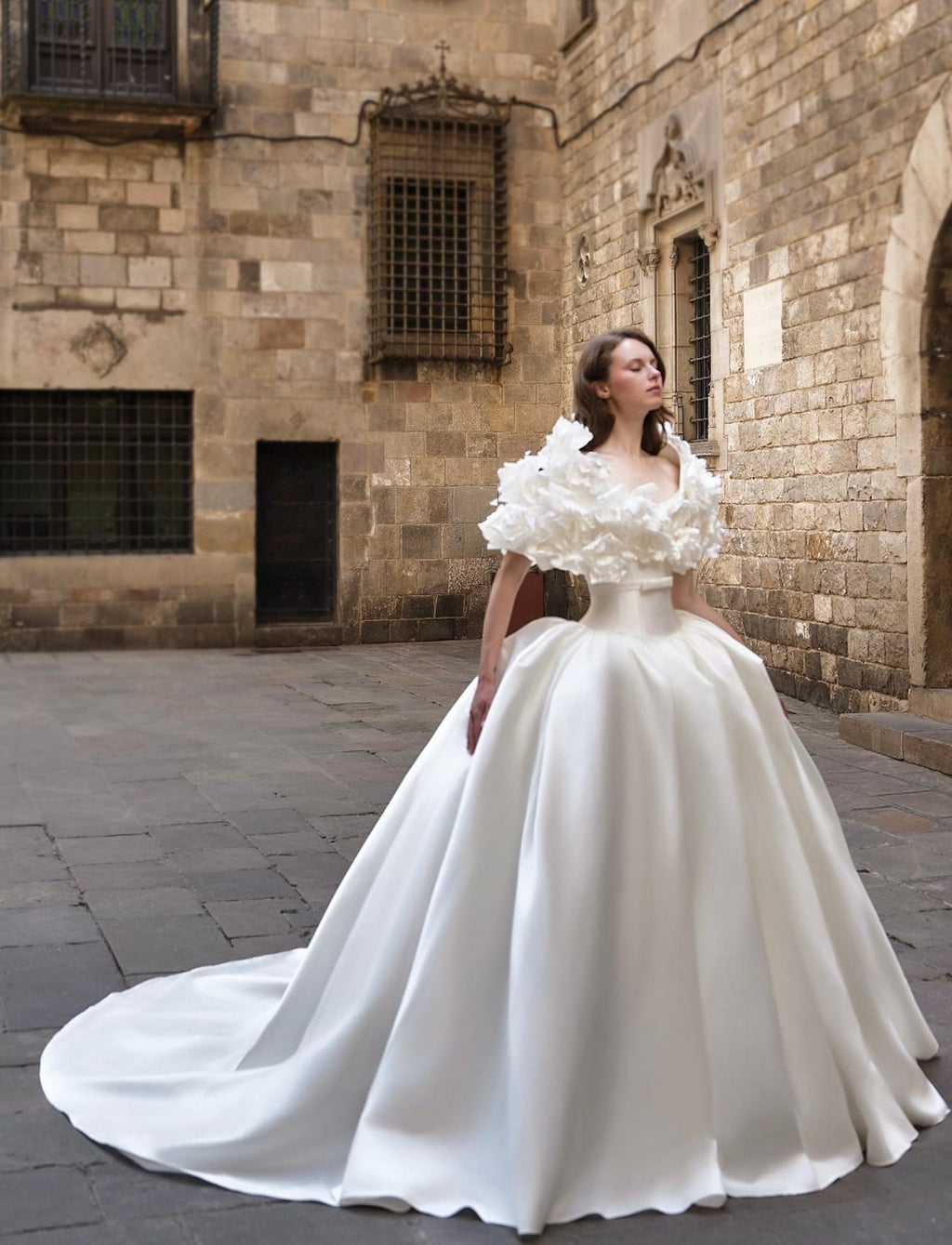 Two‑In‑One Satin Ball Gown Wedding Dress, Detachable 3D Floral Ruffle Shoulder, Strapless Bridal Gown With Cathedral Train