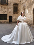 Two‑In‑One Satin Ball Gown Wedding Dress, Detachable 3D Floral Ruffle Shoulder, Strapless Bridal Gown With Cathedral Train