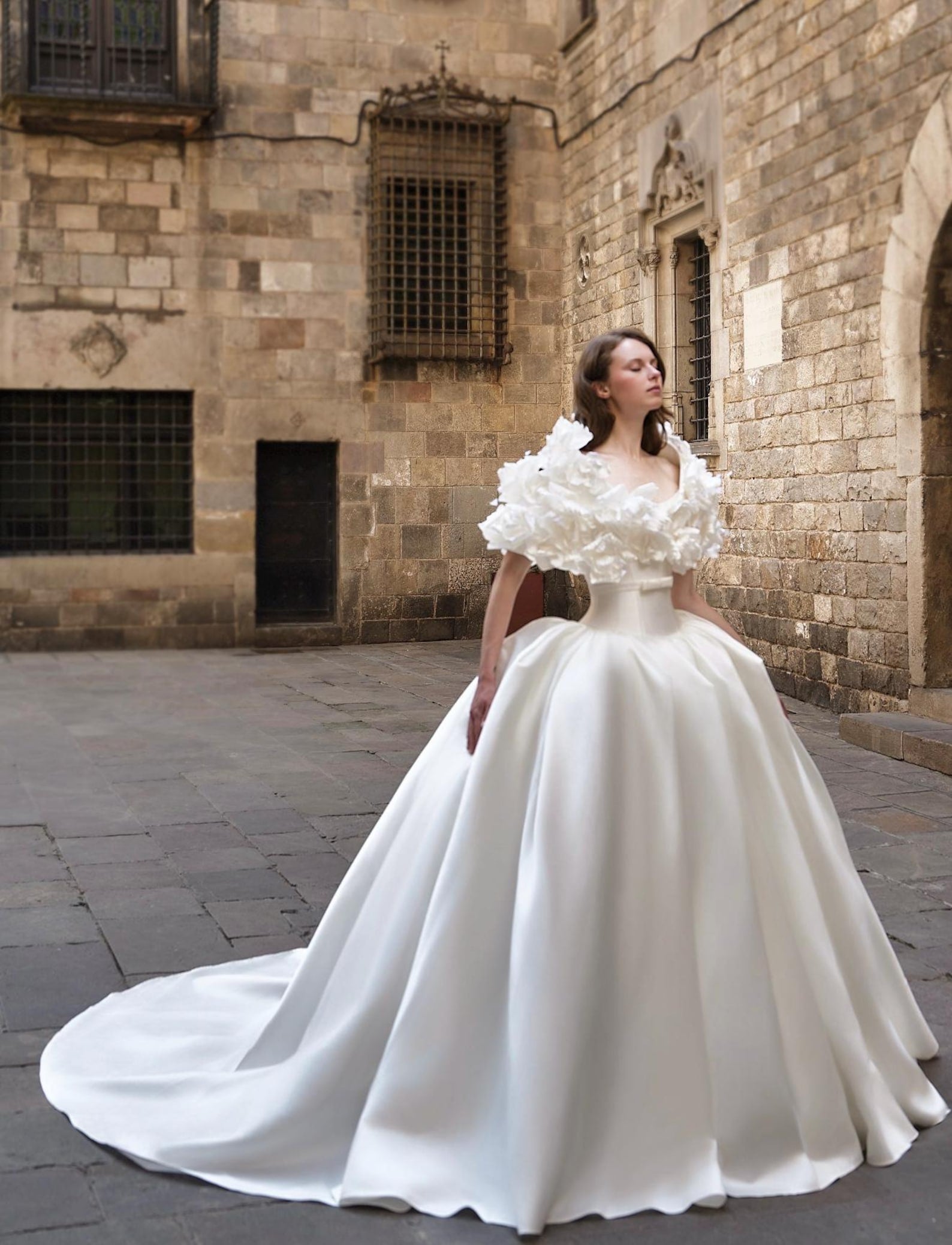 Two‑In‑One Satin Ball Gown Wedding Dress, Detachable 3D Floral Ruffle Shoulder, Strapless Bridal Gown With Cathedral Train