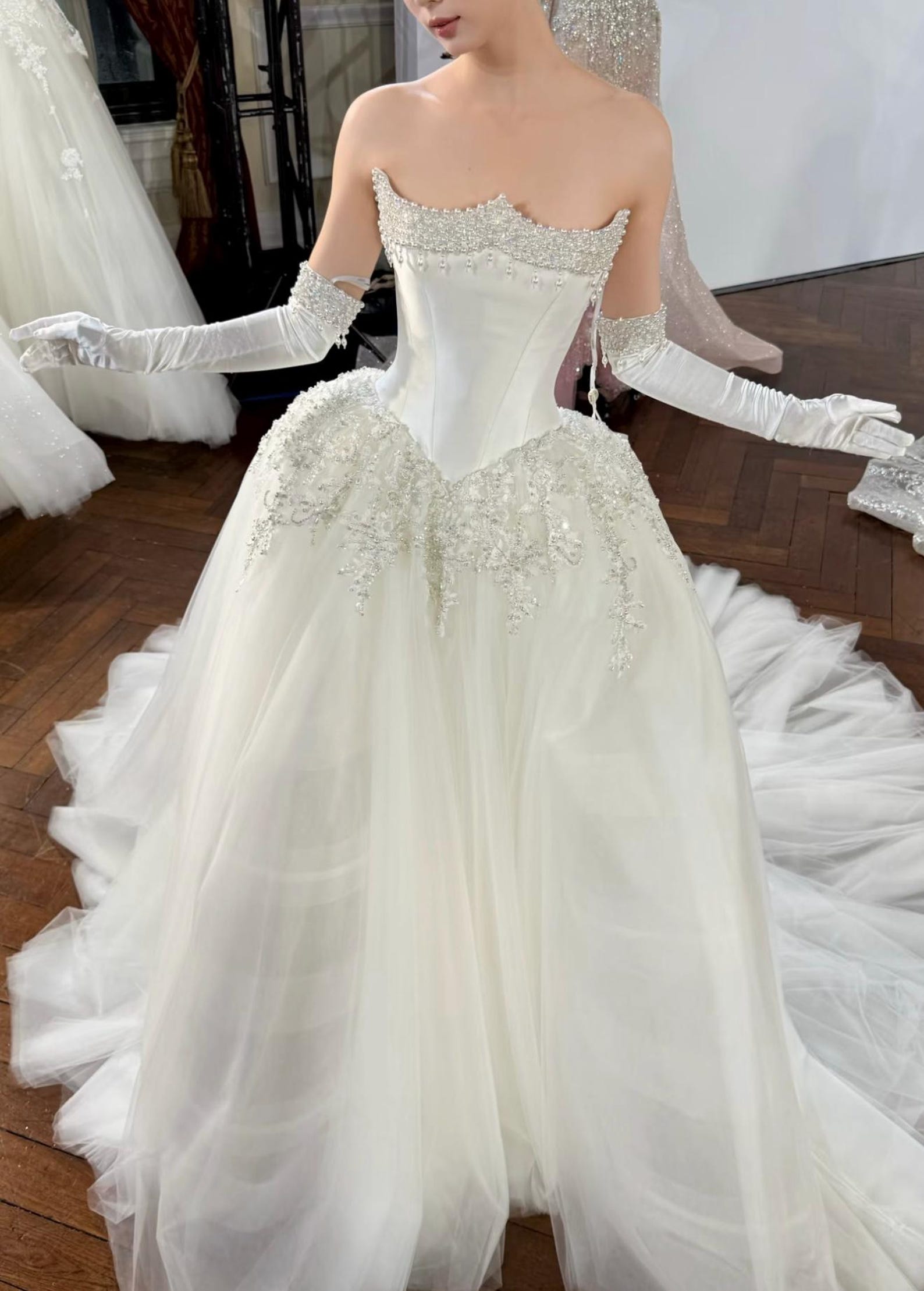 Vintage Royal Satin Wedding Dress, Beaded Strapless Ballgown, Bridal Gown With Long Satin Gloves