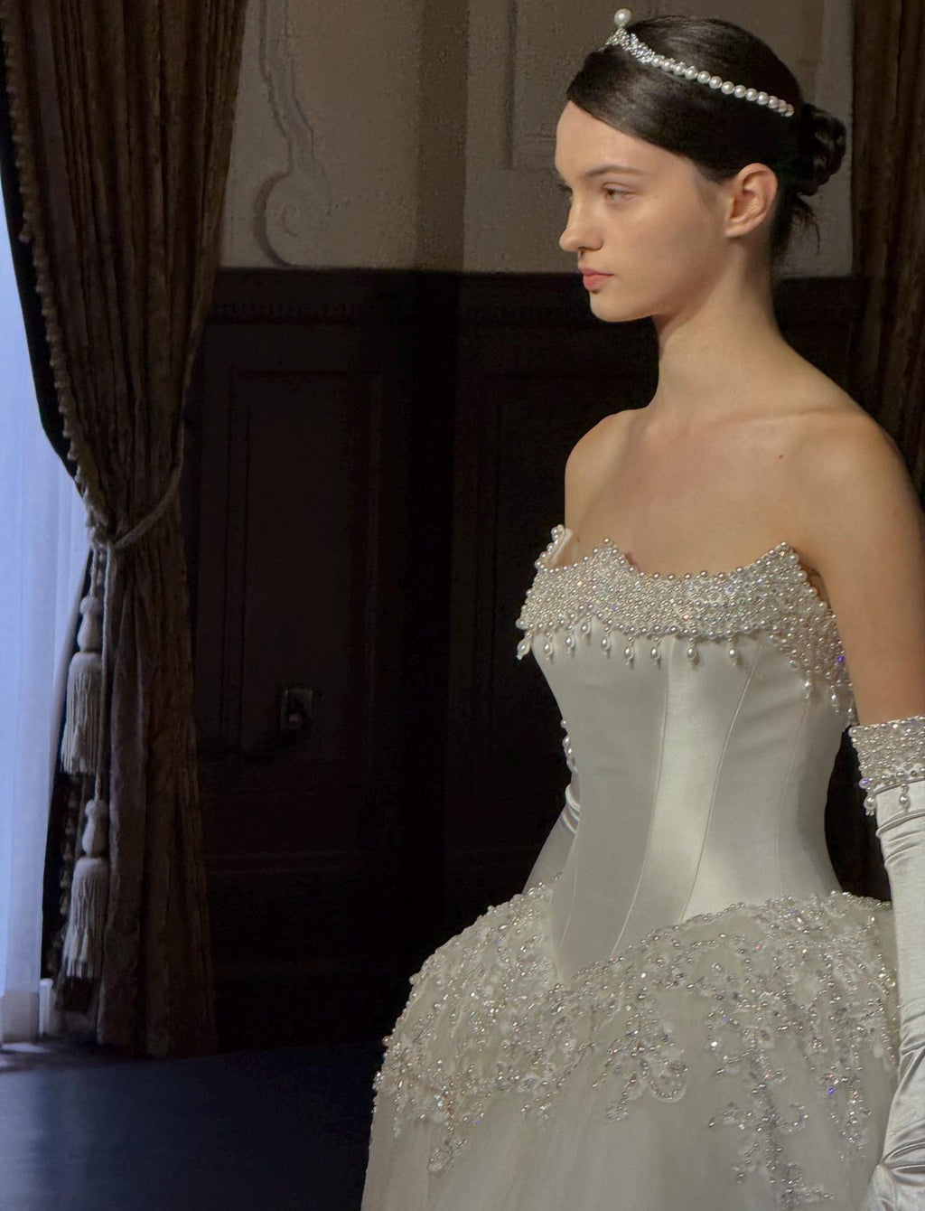 Vintage Royal Satin Wedding Dress, Beaded Strapless Ballgown, Bridal Gown With Long Satin Gloves