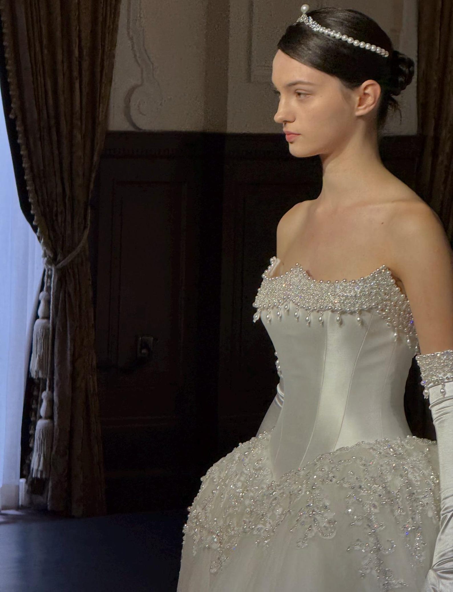 Vintage Royal Satin Wedding Dress, Beaded Strapless Ballgown, Bridal Gown With Long Satin Gloves