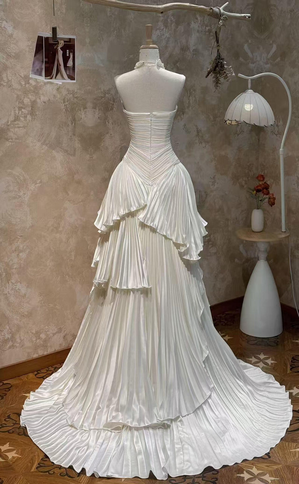 Pleated Strapless Tiered Wedding Dress, Ruffled Bridal Gown