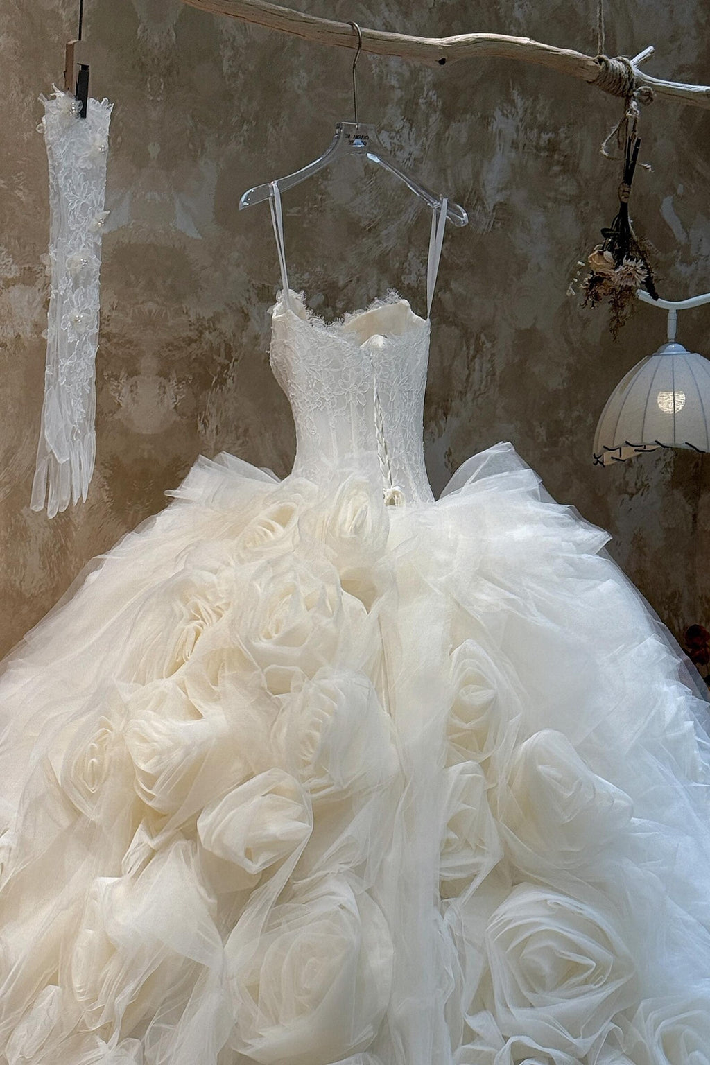 Fairytale Strapless Wedding Dress, Champagne Tulle Ballgown With Hand‑Made 3D Roses, Lace Bodice Bridal Gown for Garden Wedding