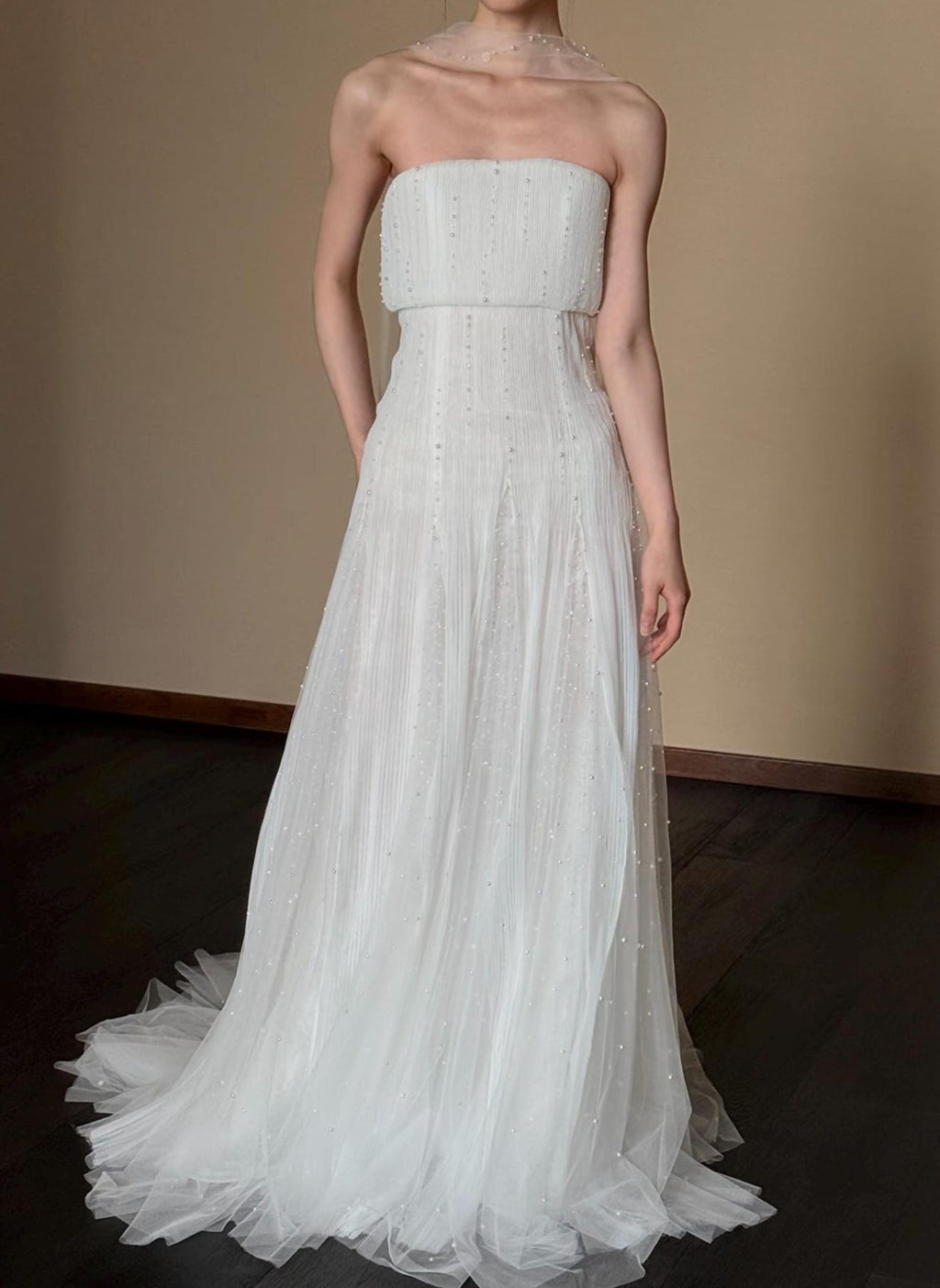 Strapless Pleated Tulle Wedding Dress, Draped Beaded Bridal Gown, Minimalist Sheath Wedding Gown With Tiny Pearl Accents