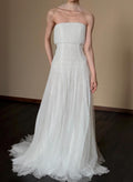 Strapless Pleated Tulle Wedding Dress, Draped Beaded Bridal Gown, Minimalist Sheath Wedding Gown With Tiny Pearl Accents