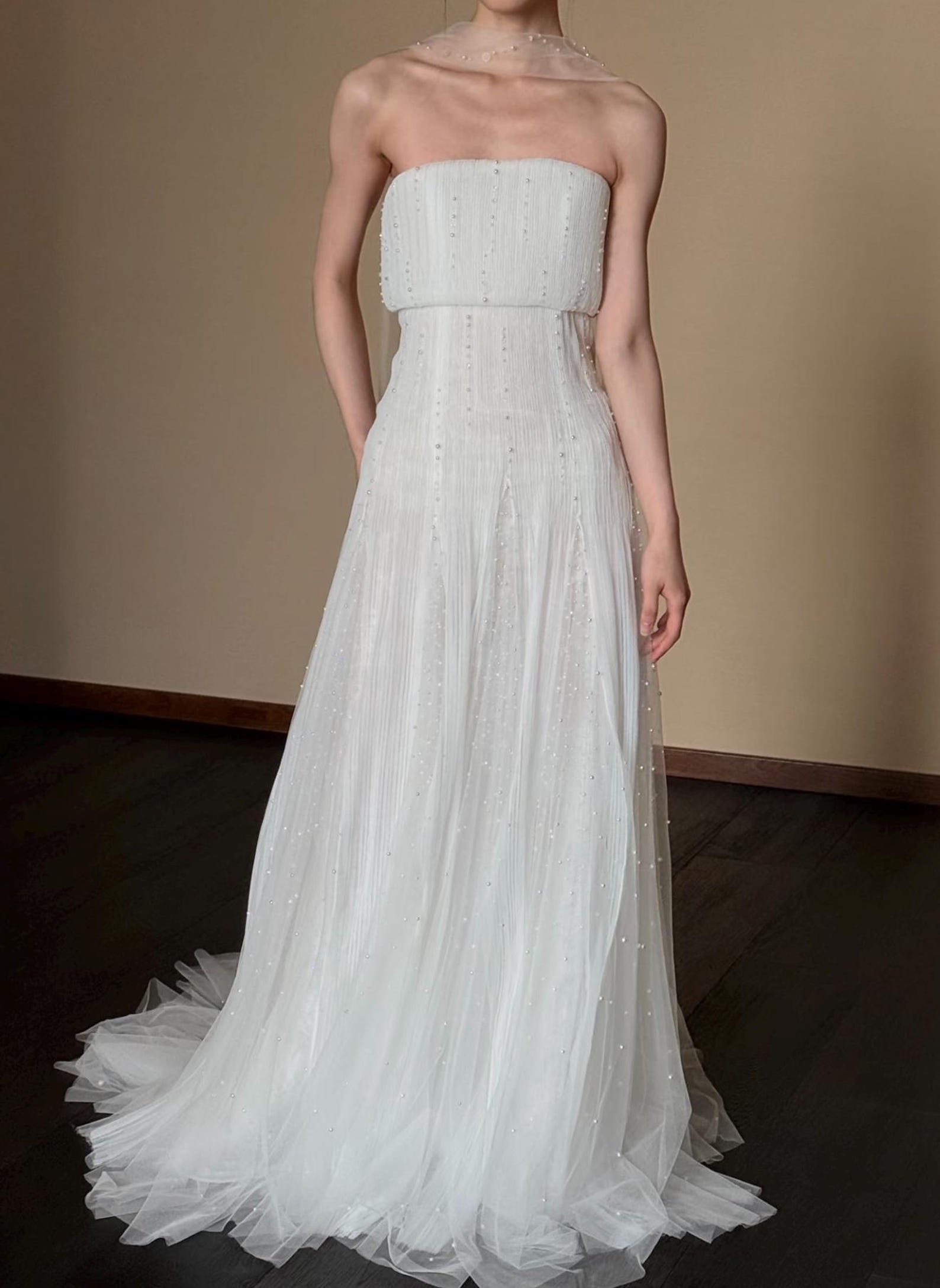 Strapless Pleated Tulle Wedding Dress, Draped Beaded Bridal Gown, Minimalist Sheath Wedding Gown With Tiny Pearl Accents
