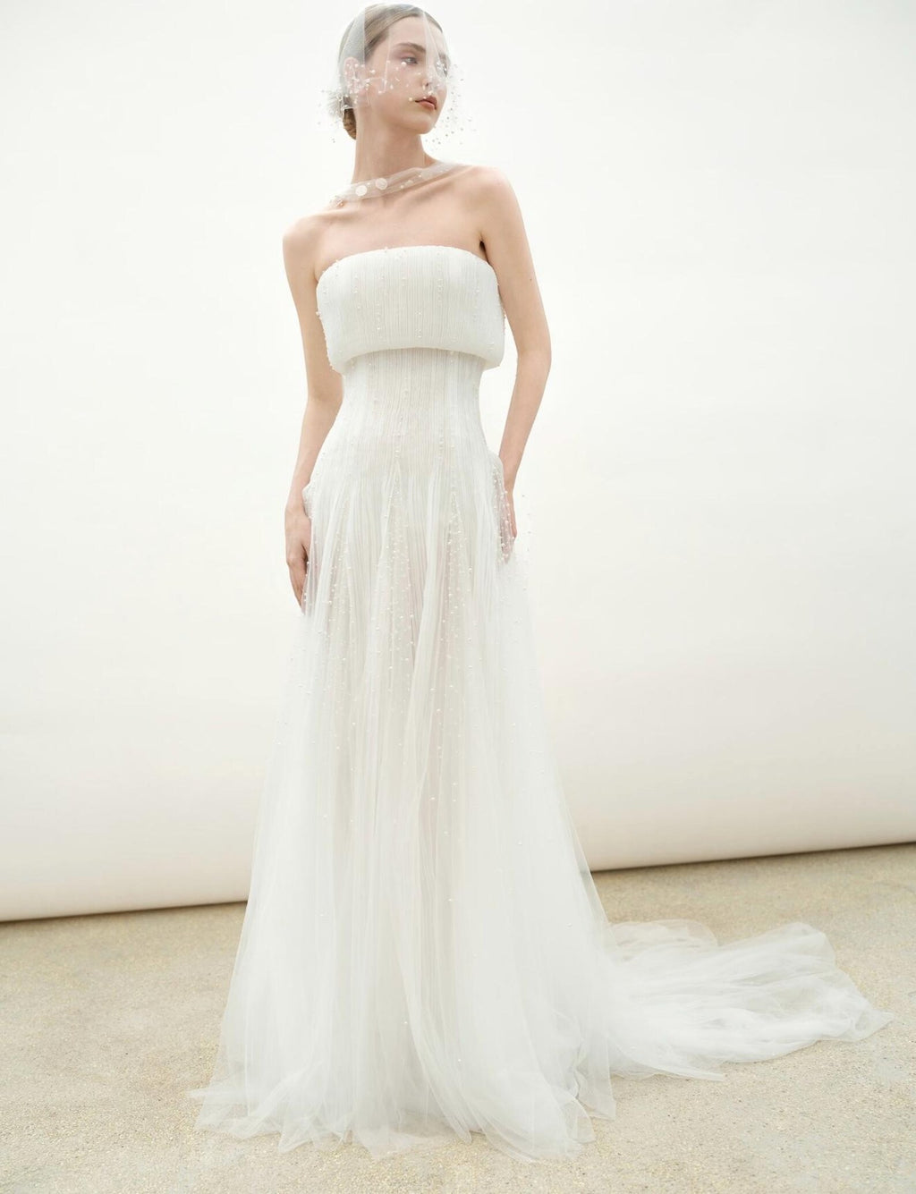 Strapless Pleated Tulle Wedding Dress, Draped Beaded Bridal Gown, Minimalist Sheath Wedding Gown With Tiny Pearl Accents