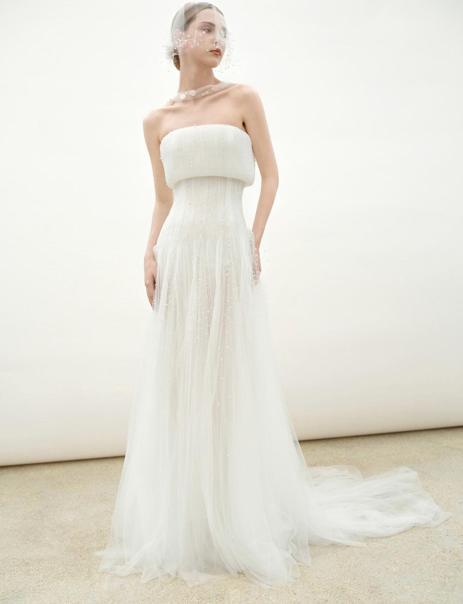 Strapless Pleated Tulle Wedding Dress, Draped Beaded Bridal Gown, Minimalist Sheath Wedding Gown With Tiny Pearl Accents