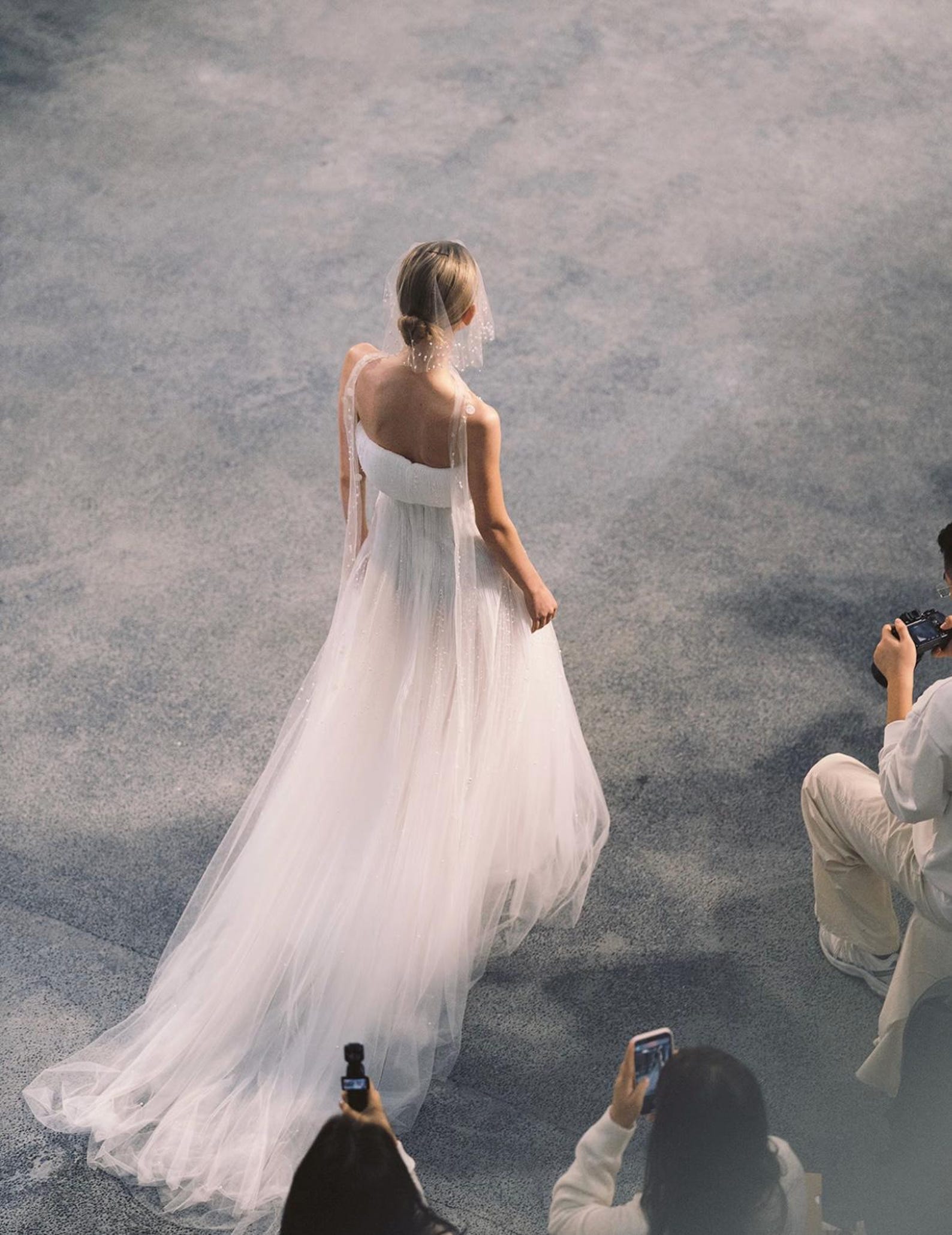 Strapless Pleated Tulle Wedding Dress, Draped Beaded Bridal Gown, Minimalist Sheath Wedding Gown With Tiny Pearl Accents