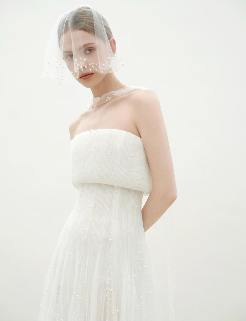 Strapless Pleated Tulle Wedding Dress, Draped Beaded Bridal Gown, Minimalist Sheath Wedding Gown With Tiny Pearl Accents