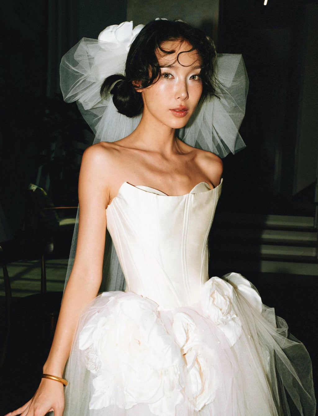 Modern Strapless Bridal Gown,3D Large Flower Tulle Wedding Dress,Satin Corset Wedding Gown,Edgy Bride Reception Dress