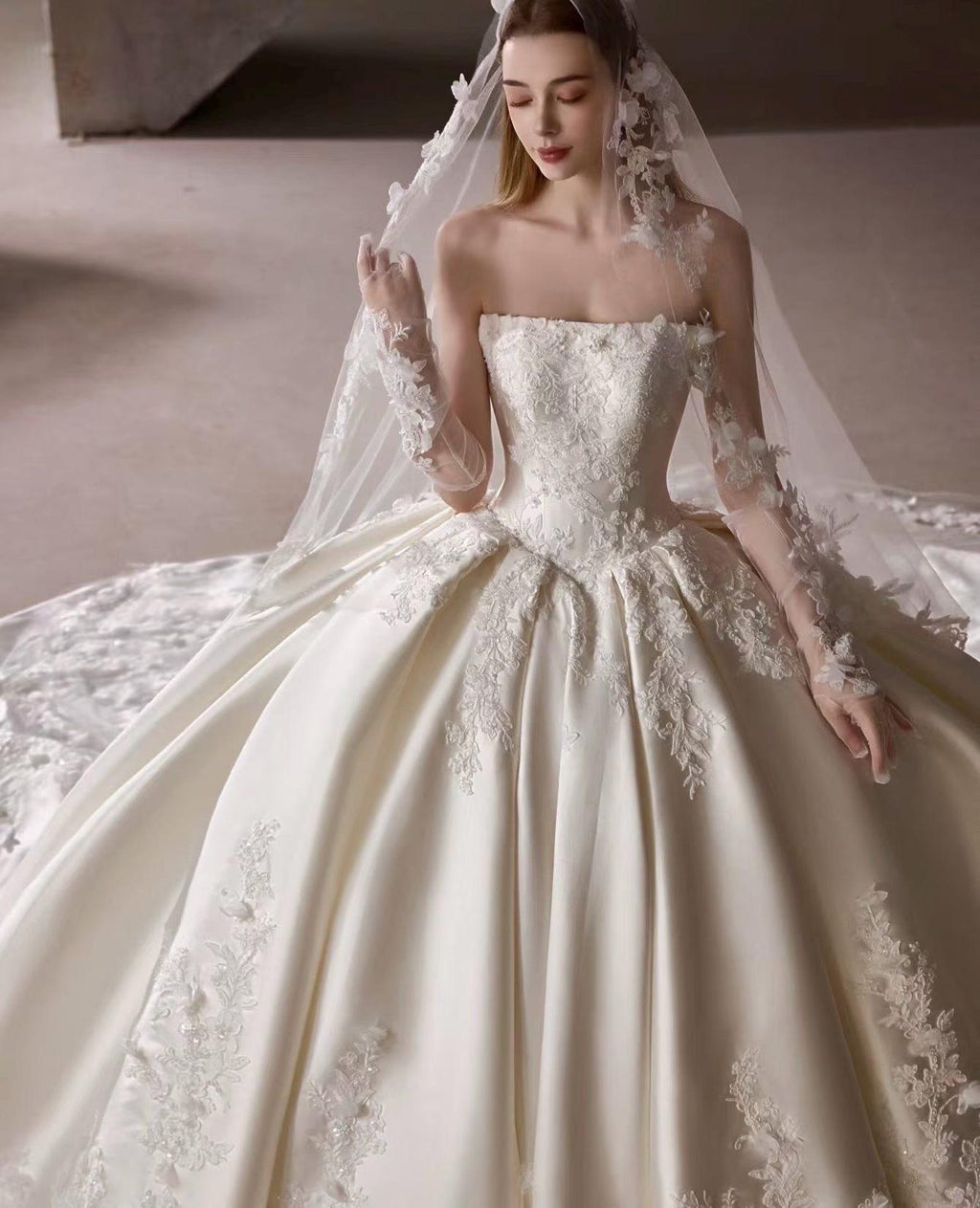 Satin Strapless Ball Gown Wedding Dress, Lace Appliqué Bridal Gown With Detachable Long Lace Gloves, 2M Train Luxury Wedding Gown