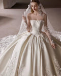 Satin Strapless Ball Gown Wedding Dress, Lace Appliqué Bridal Gown With Detachable Long Lace Gloves, 2M Train Luxury Wedding Gown