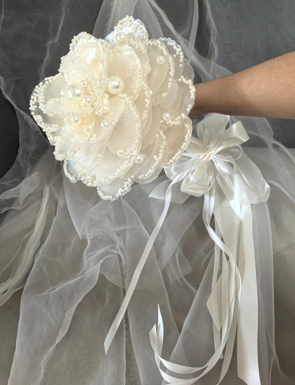 Luxury Handmade Pearl Bridal Bouquet, Ivory Fabric Flower Wedding Bouquet With Satin Ribbon Streamers