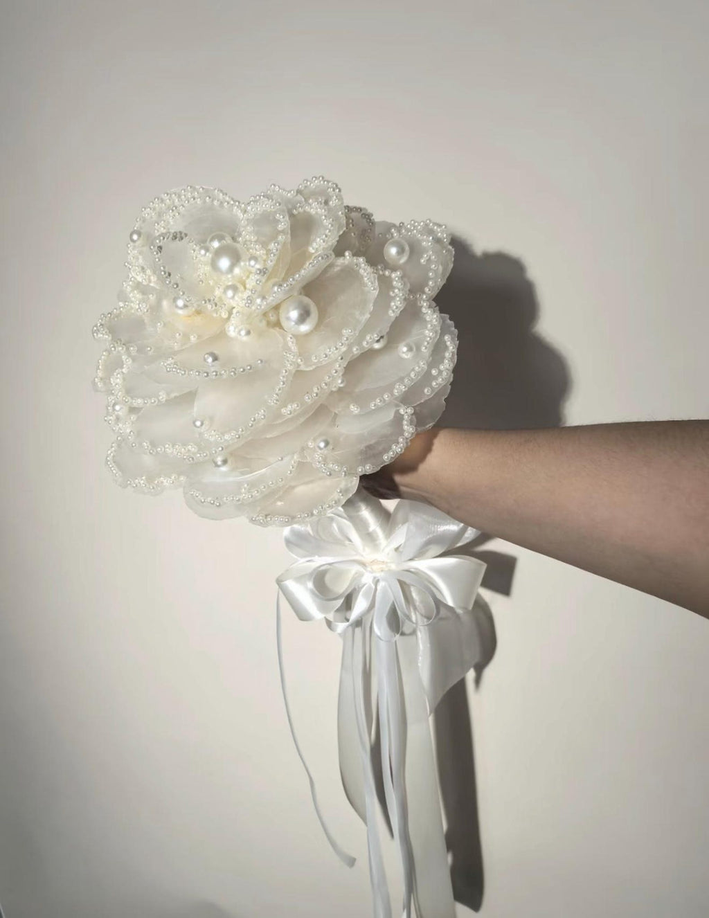 Luxury Handmade Pearl Bridal Bouquet, Ivory Fabric Flower Wedding Bouquet With Satin Ribbon Streamers