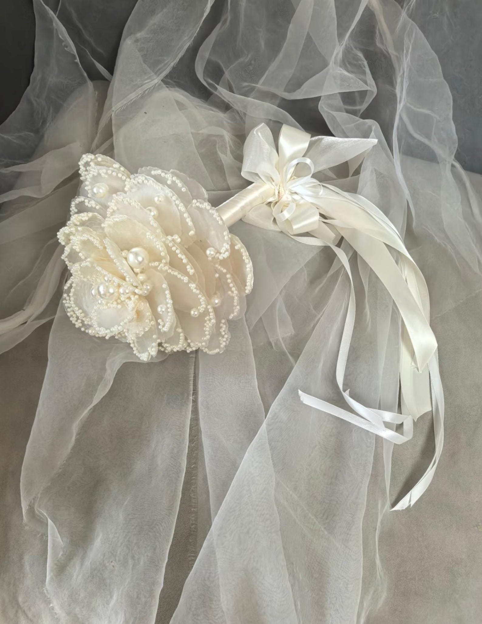 Luxury Handmade Pearl Bridal Bouquet, Ivory Fabric Flower Wedding Bouquet With Satin Ribbon Streamers