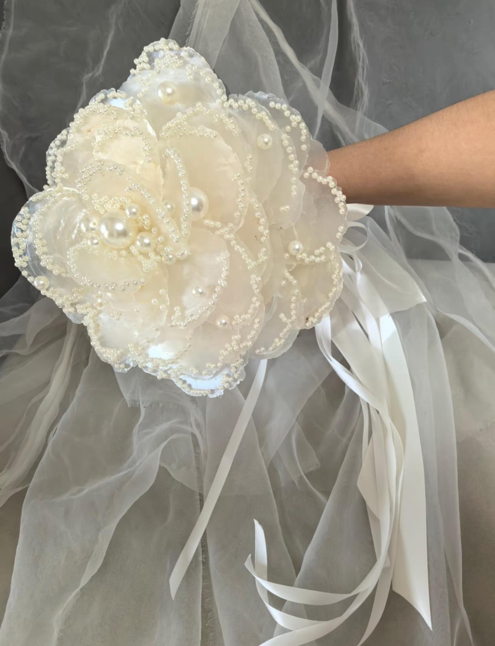 Luxury Handmade Pearl Bridal Bouquet, Ivory Fabric Flower Wedding Bouquet With Satin Ribbon Streamers