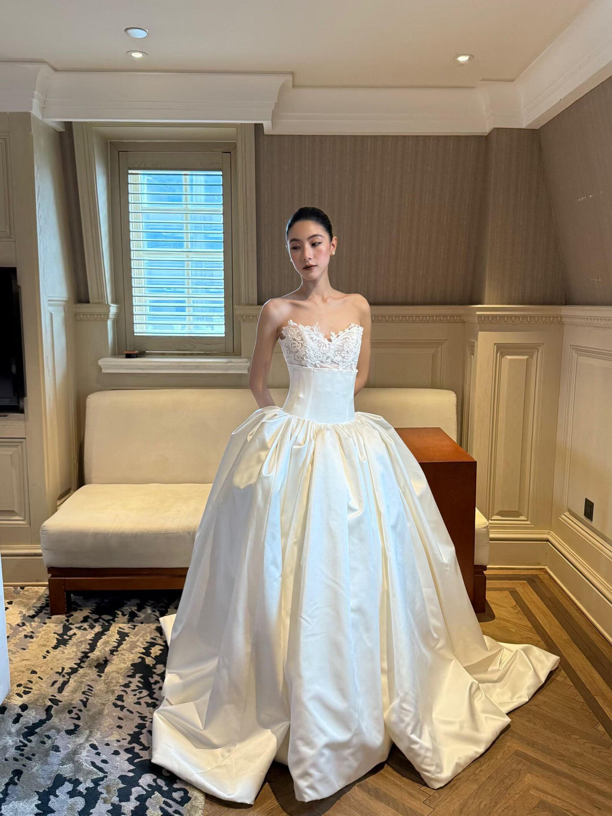 Two Piece Mikado Satin Wedding Gown, Sleeveless Round Neck Ballgown Wedding Dress, Modest Bridal Gown for Church Wedding