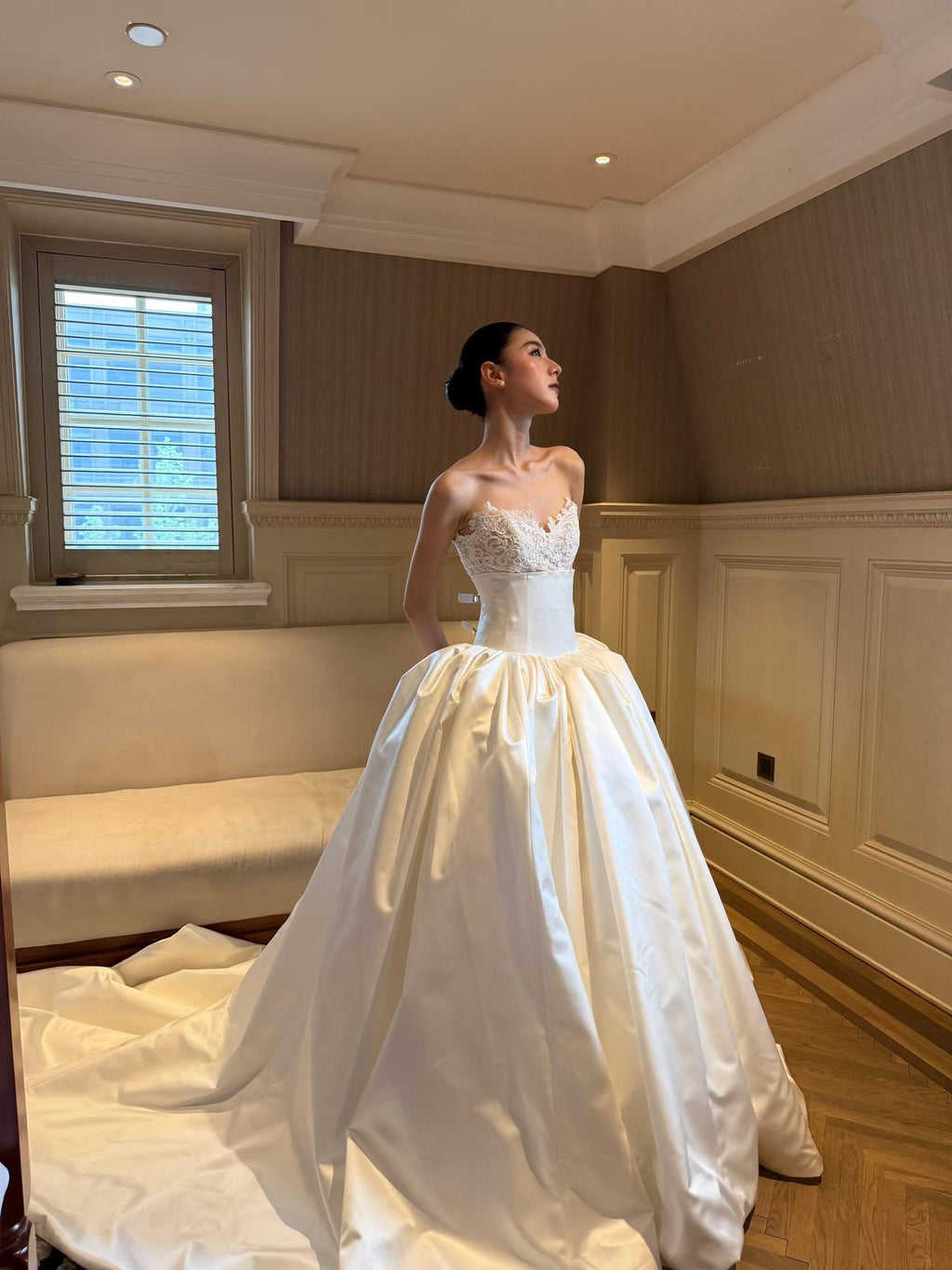 Two Piece Mikado Satin Wedding Gown, Sleeveless Round Neck Ballgown Wedding Dress, Modest Bridal Gown for Church Wedding