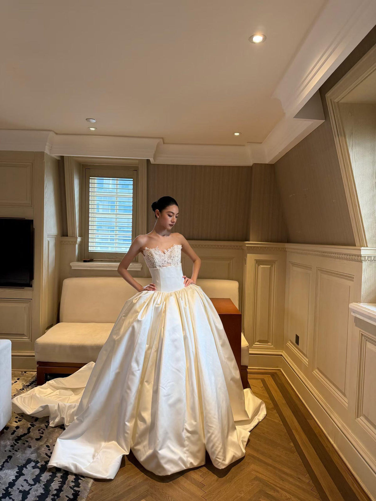Two Piece Mikado Satin Wedding Gown, Sleeveless Round Neck Ballgown Wedding Dress, Modest Bridal Gown for Church Wedding