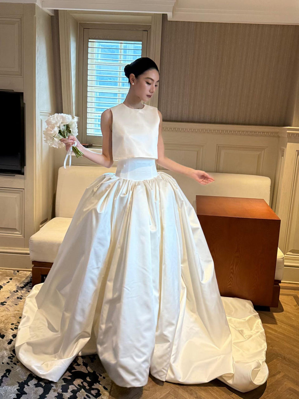 Two Piece Mikado Satin Wedding Gown, Sleeveless Round Neck Ballgown Wedding Dress, Modest Bridal Gown for Church Wedding