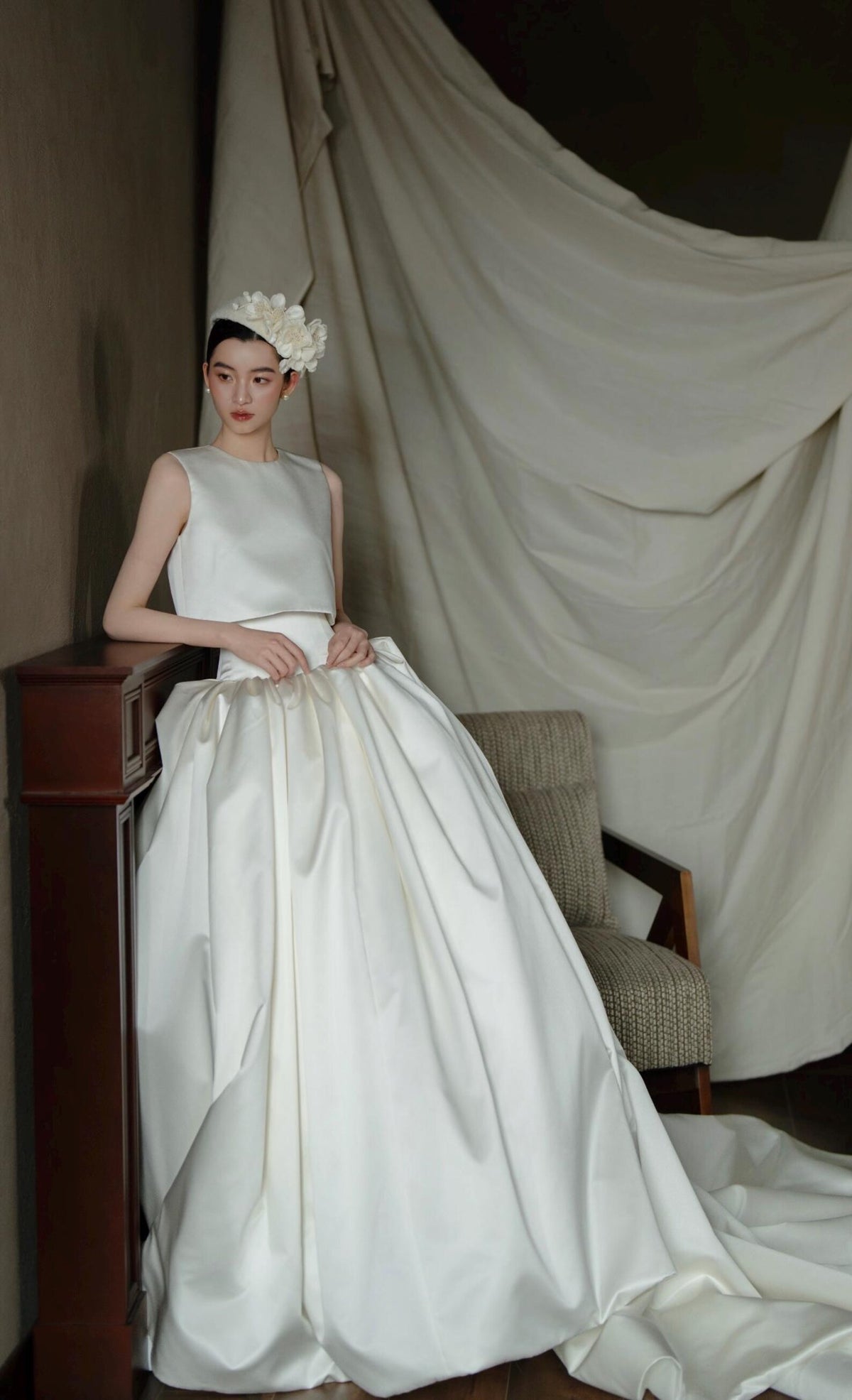 Two Piece Mikado Satin Wedding Gown, Sleeveless Round Neck Ballgown Wedding Dress, Modest Bridal Gown for Church Wedding