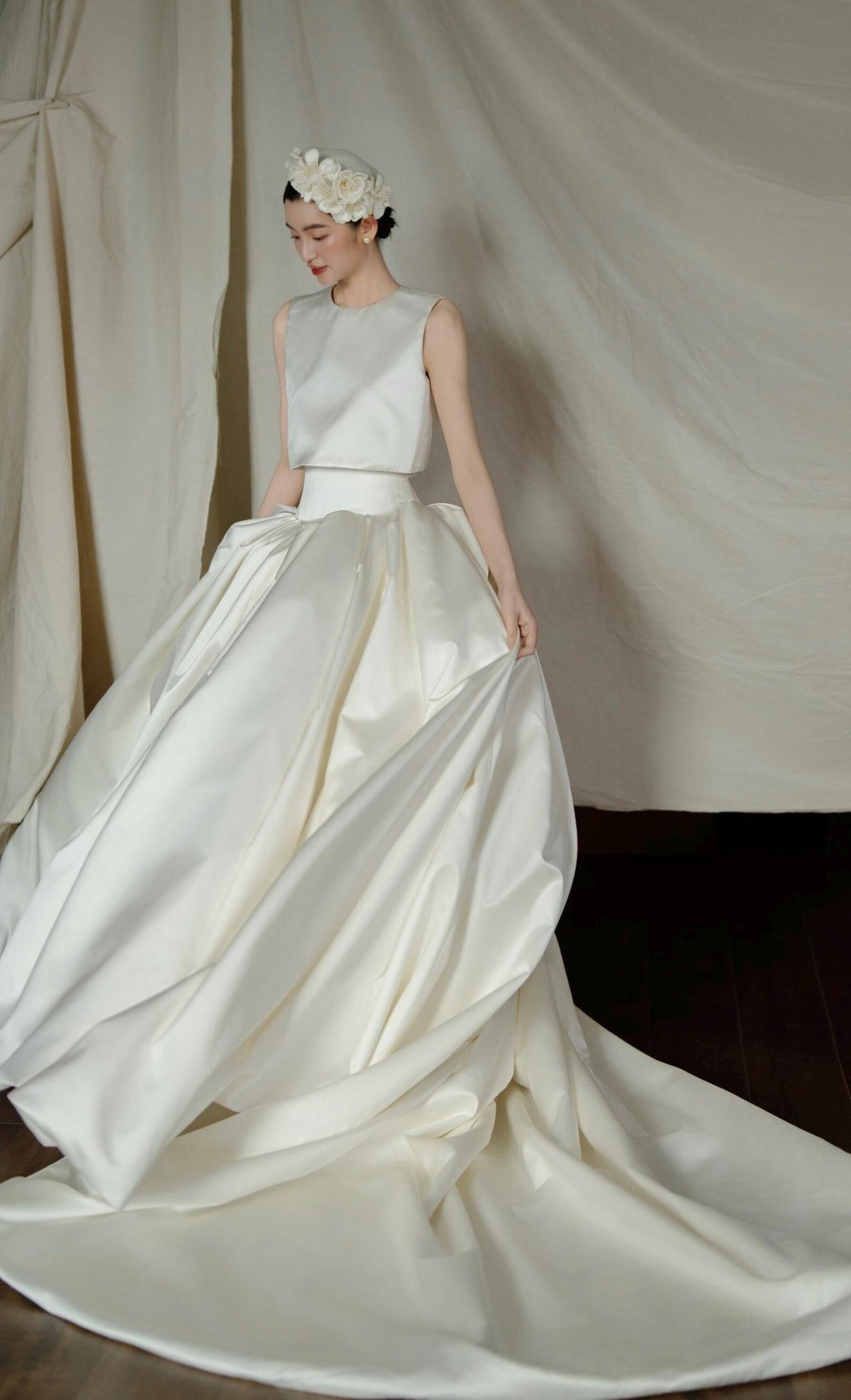 Two Piece Mikado Satin Wedding Gown, Sleeveless Round Neck Ballgown Wedding Dress, Modest Bridal Gown for Church Wedding
