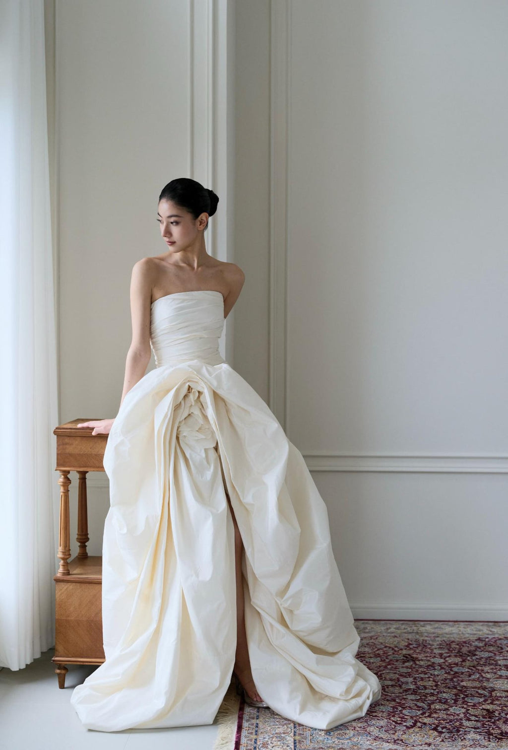 Strapless Ruched Bodice Taffeta Ballgown Wedding Gown,3D Floral Detail High Slit Bridal Dress With Train