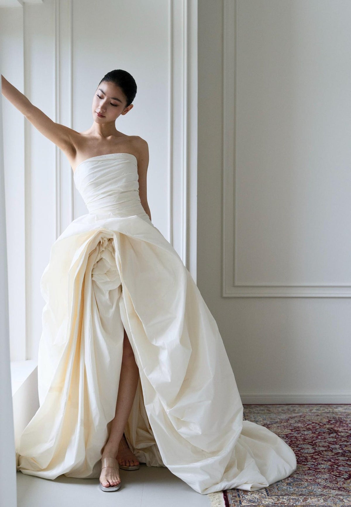 Strapless Ruched Bodice Taffeta Ballgown Wedding Gown,3D Floral Detail High Slit Bridal Dress With Train