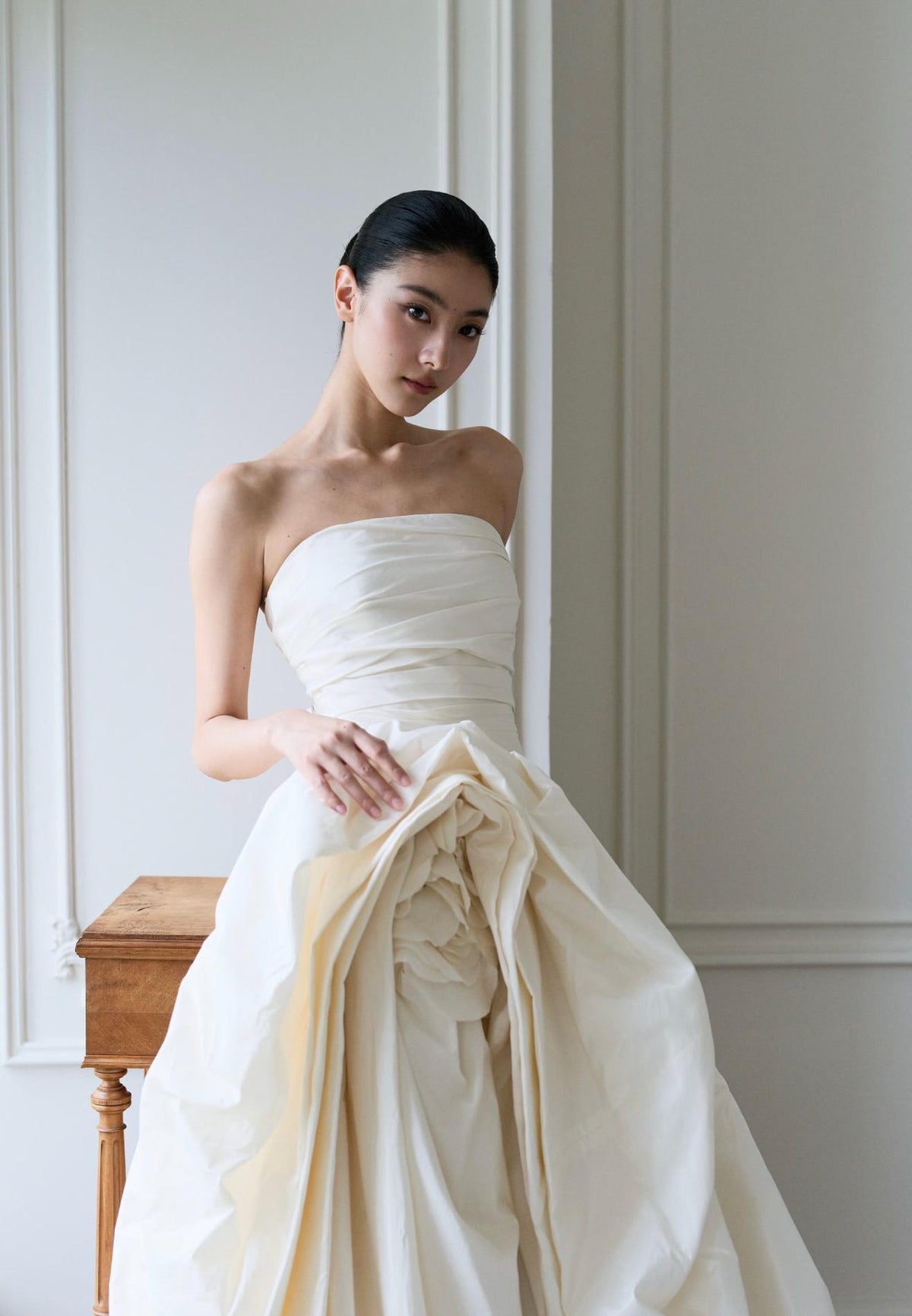 Strapless Ruched Bodice Taffeta Ballgown Wedding Gown,3D Floral Detail High Slit Bridal Dress With Train
