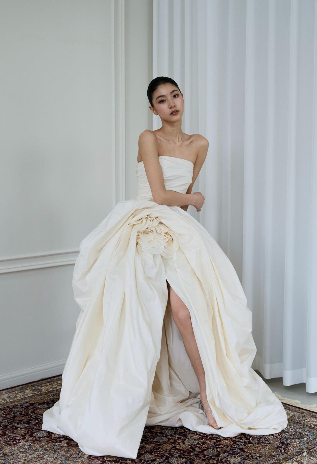 Strapless Ruched Bodice Taffeta Ballgown Wedding Gown,3D Floral Detail High Slit Bridal Dress With Train