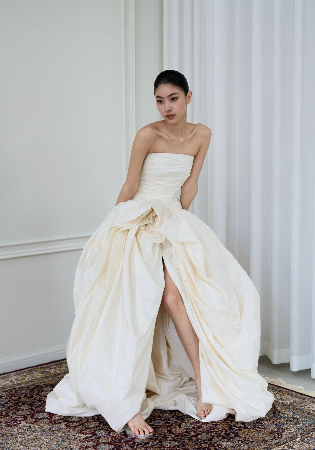 Strapless Ruched Bodice Taffeta Ballgown Wedding Gown,3D Floral Detail High Slit Bridal Dress With Train