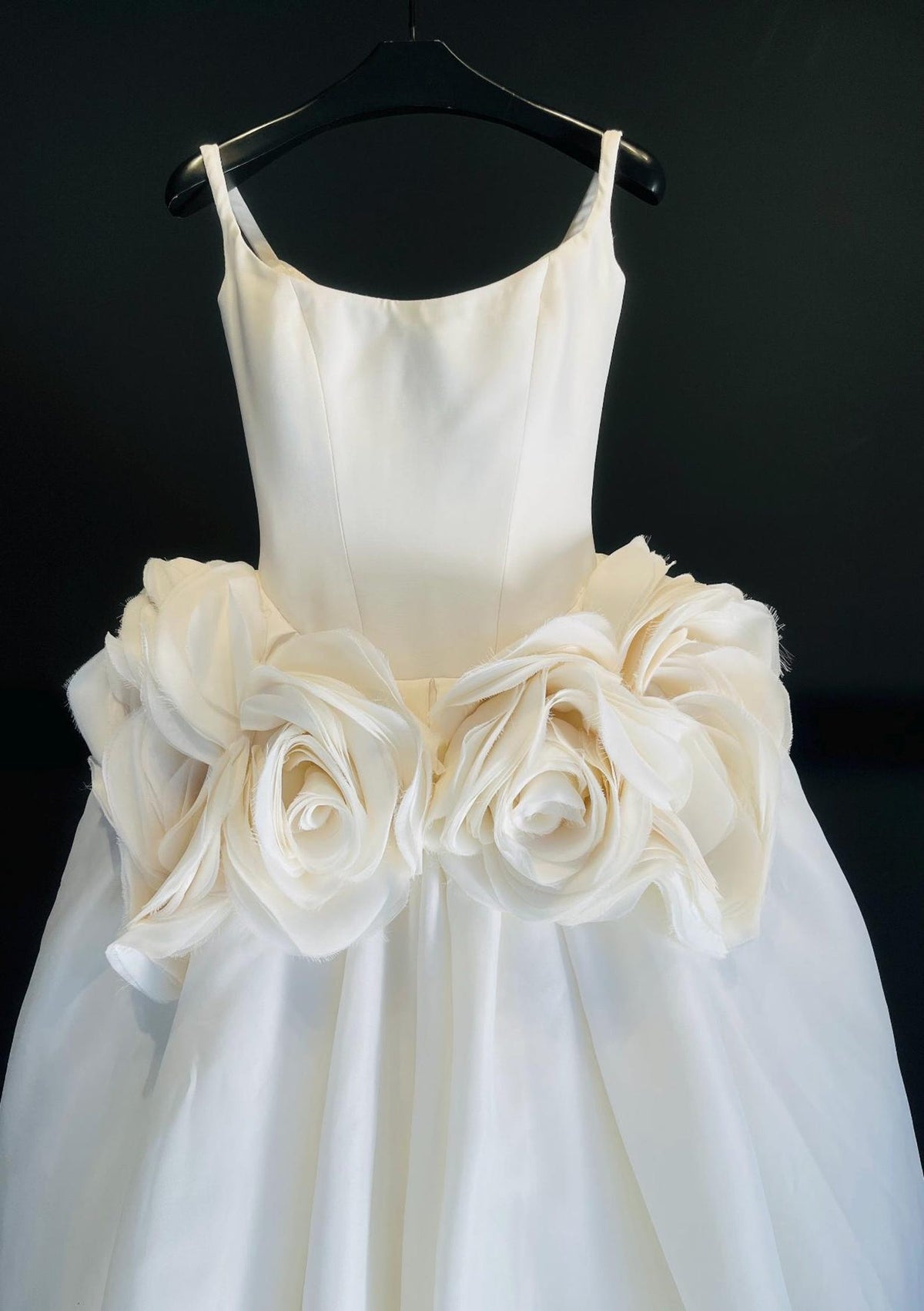 Off‑the‑Shoulder Satin Ballgown Bridal Gown, Large Handmade 3D Floral Wedding Dress, Luxury Voluminous Wedding Gown