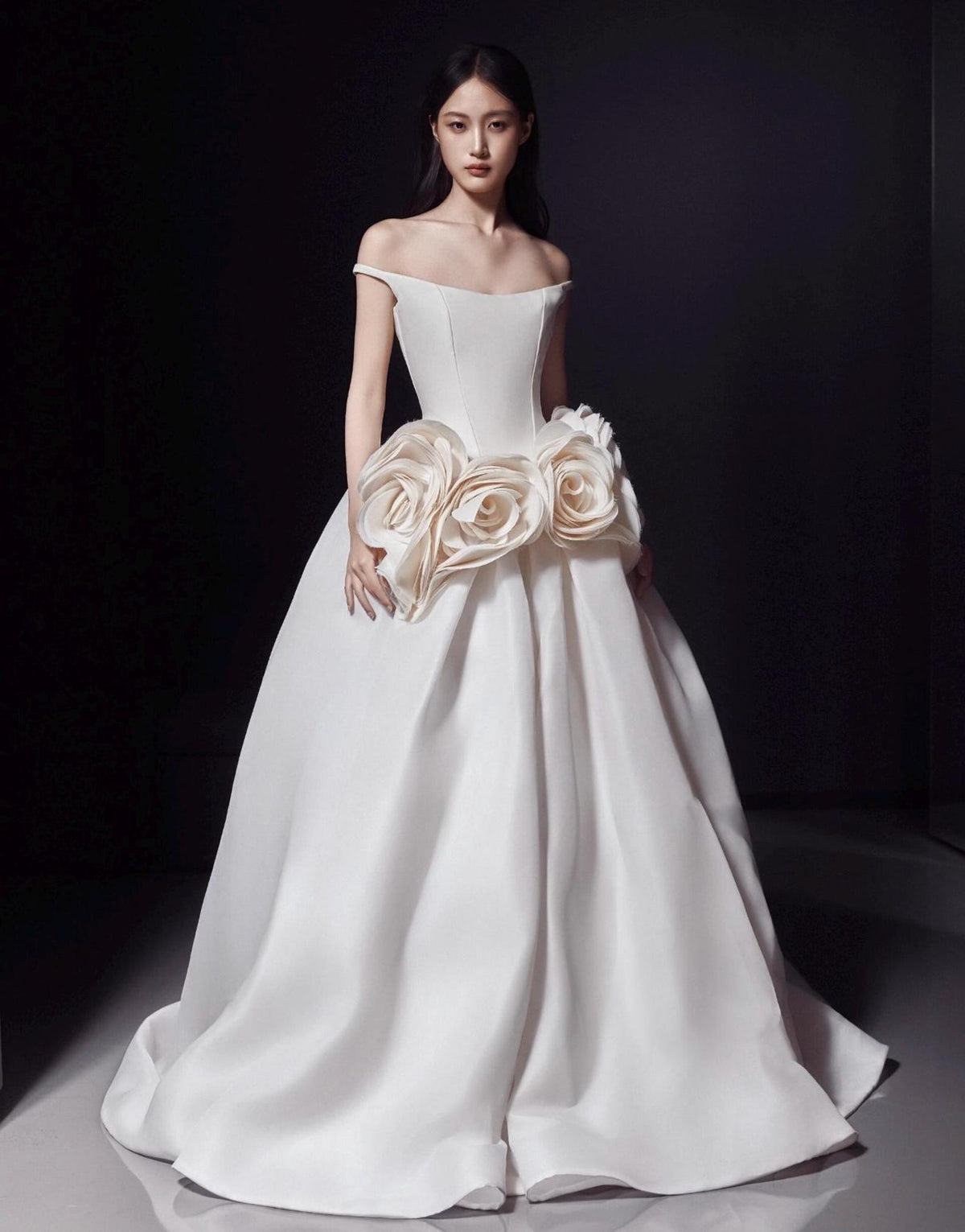 Off‑the‑Shoulder Satin Ballgown Bridal Gown, Large Handmade 3D Floral Wedding Dress, Luxury Voluminous Wedding Gown