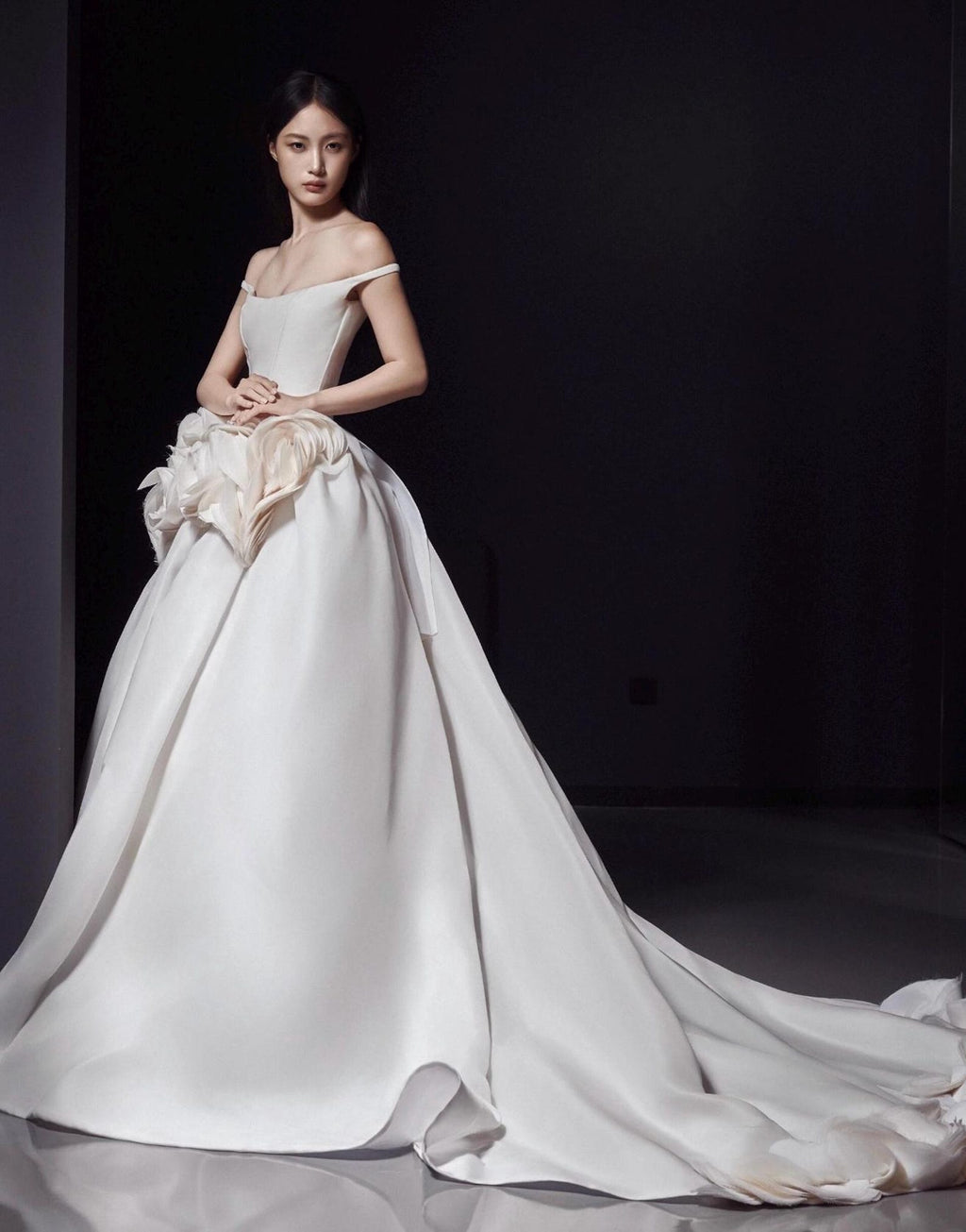 Off‑the‑Shoulder Satin Ballgown Bridal Gown, Large Handmade 3D Floral Wedding Dress, Luxury Voluminous Wedding Gown