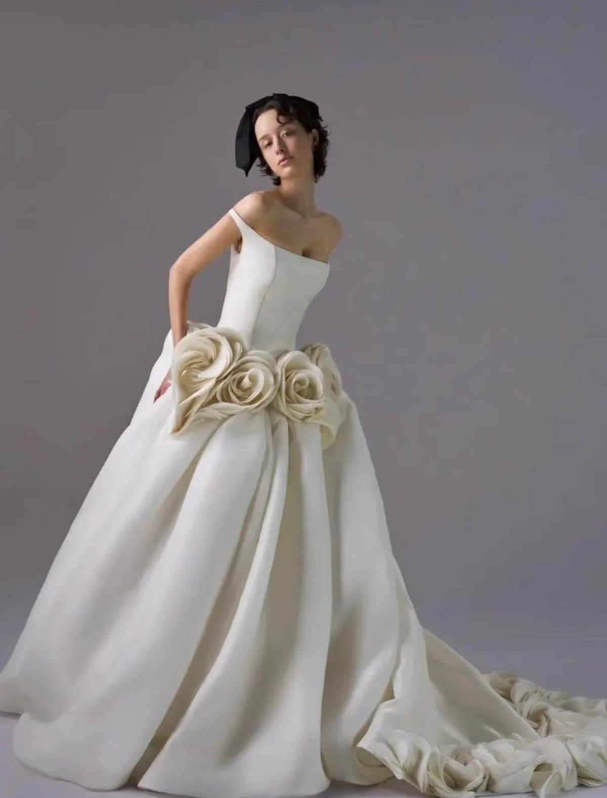 Off‑the‑Shoulder Satin Ballgown Bridal Gown, Large Handmade 3D Floral Wedding Dress, Luxury Voluminous Wedding Gown