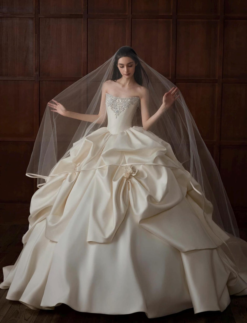 Strapless Beaded Satin Ballgown Bridal Gown, Draped Ruffle Skirt Couture Wedding Dress, Luxury Voluminous Bridal Gown