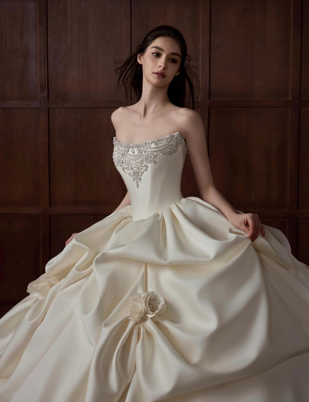 Strapless Beaded Satin Ballgown Bridal Gown, Draped Ruffle Skirt Couture Wedding Dress, Luxury Voluminous Bridal Gown