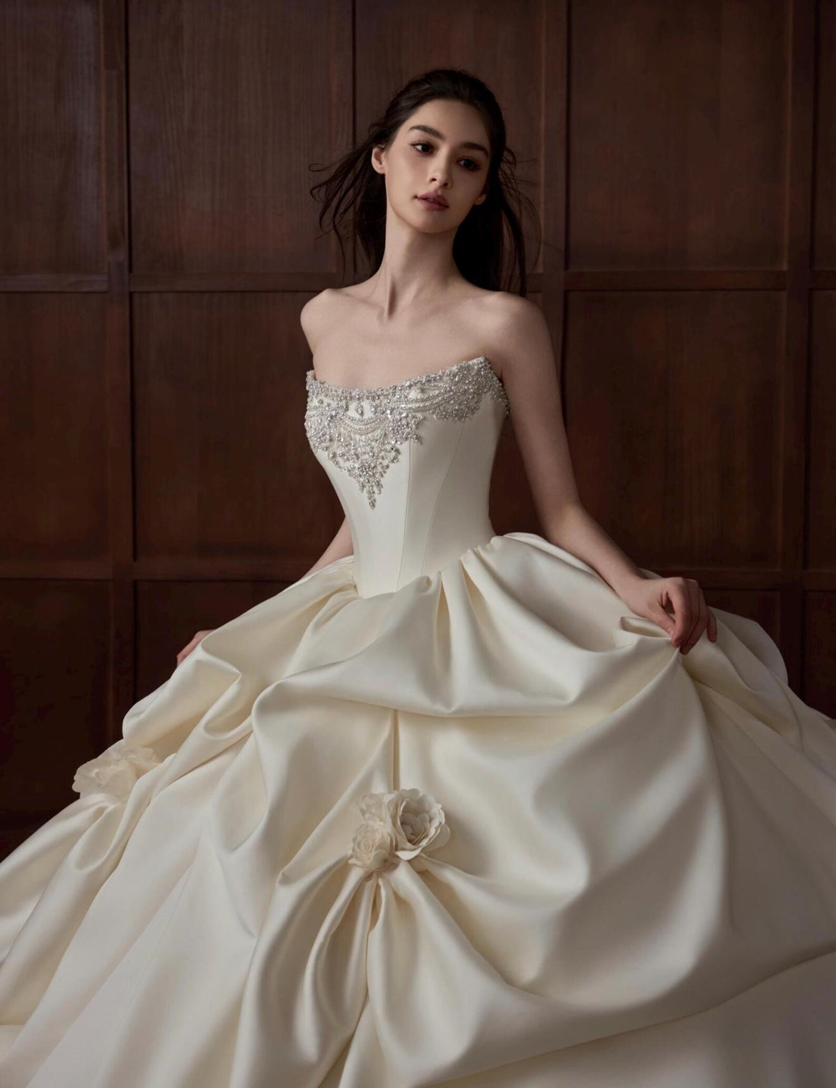 Strapless Beaded Satin Ballgown Bridal Gown, Draped Ruffle Skirt Couture Wedding Dress, Luxury Voluminous Bridal Gown