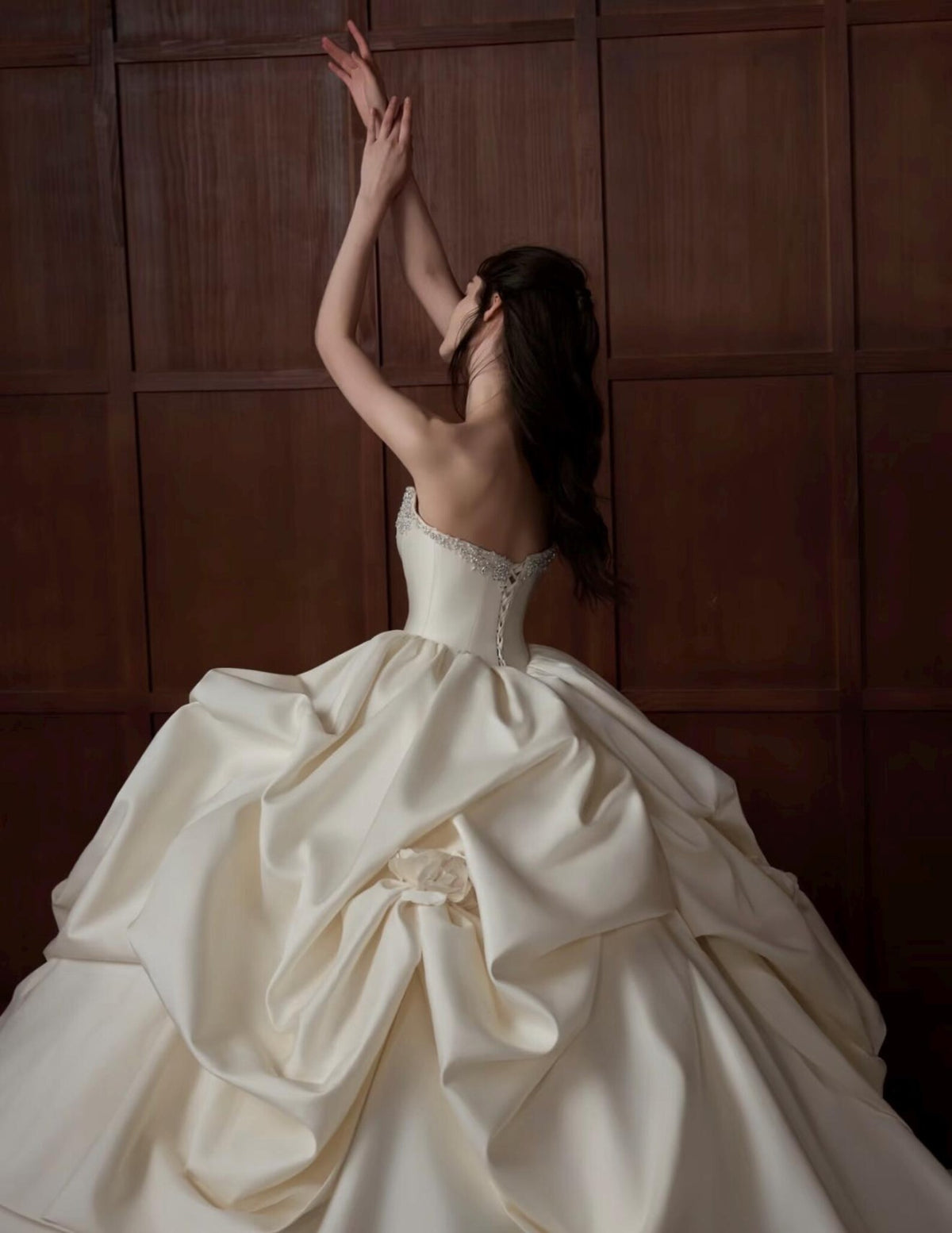 Strapless Beaded Satin Ballgown Bridal Gown, Draped Ruffle Skirt Couture Wedding Dress, Luxury Voluminous Bridal Gown