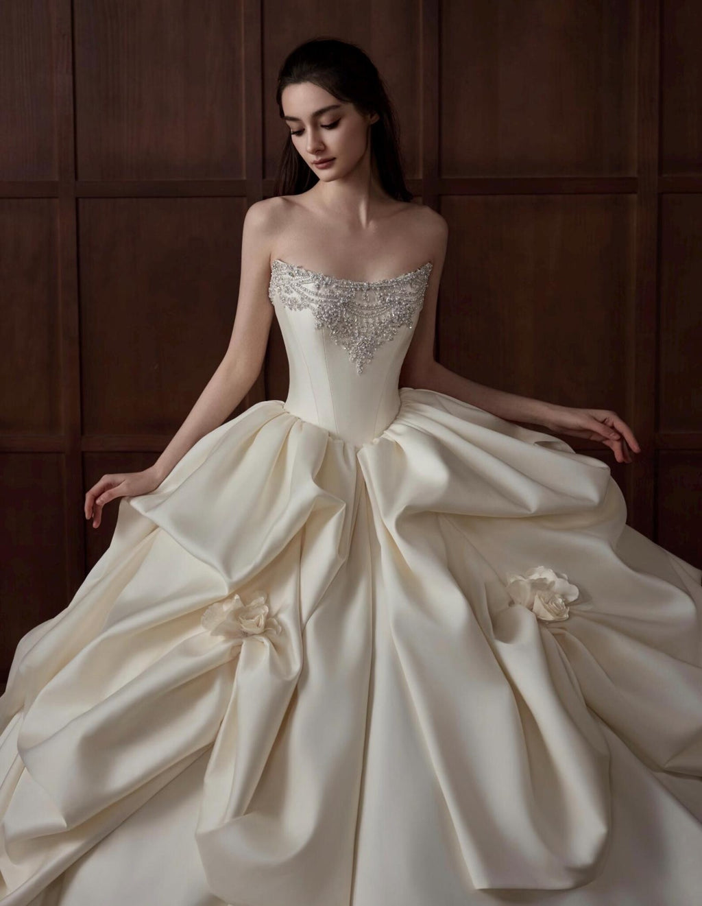 Strapless Beaded Satin Ballgown Bridal Gown, Draped Ruffle Skirt Couture Wedding Dress, Luxury Voluminous Bridal Gown