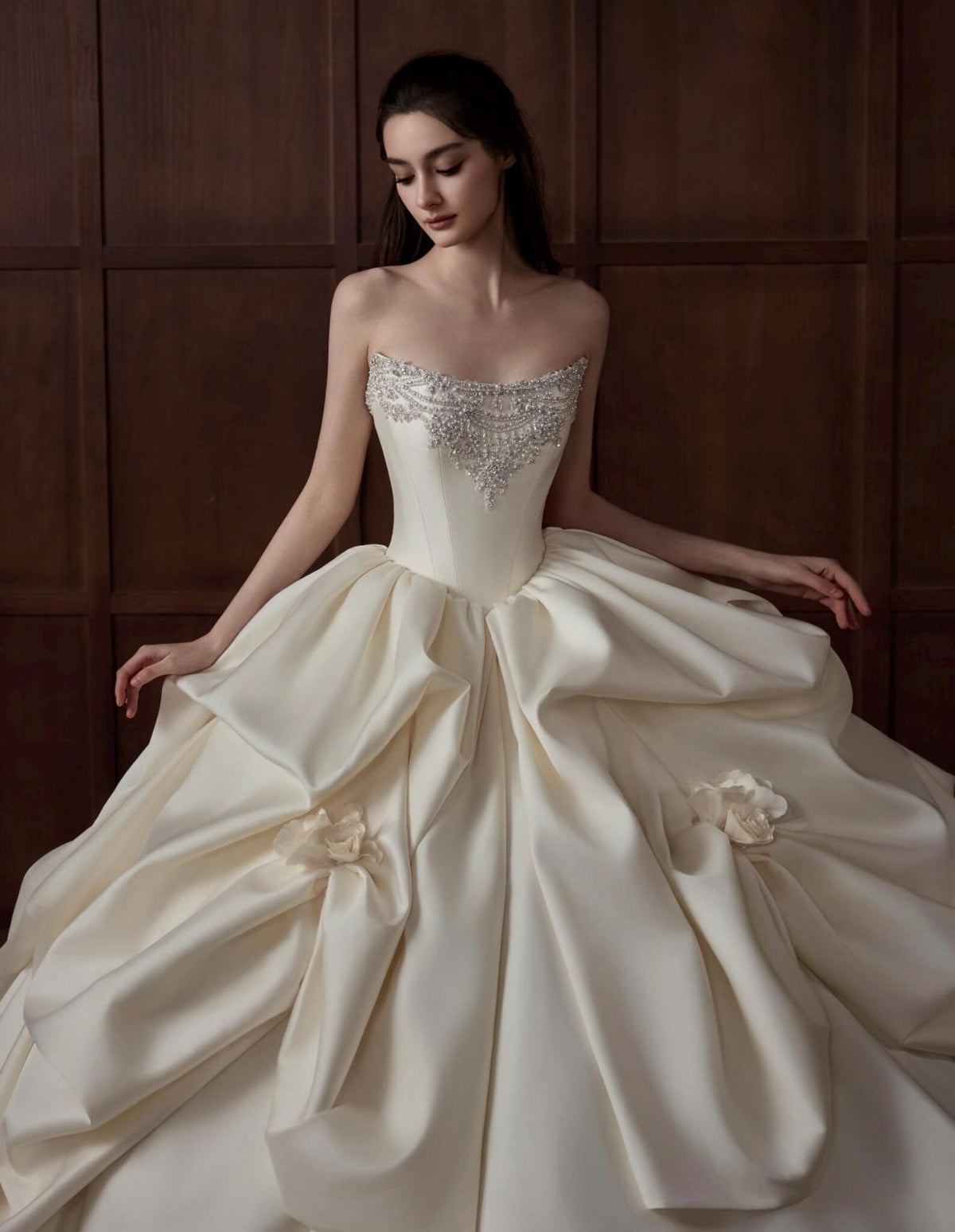 Strapless Beaded Satin Ballgown Bridal Gown, Draped Ruffle Skirt Couture Wedding Dress, Luxury Voluminous Bridal Gown