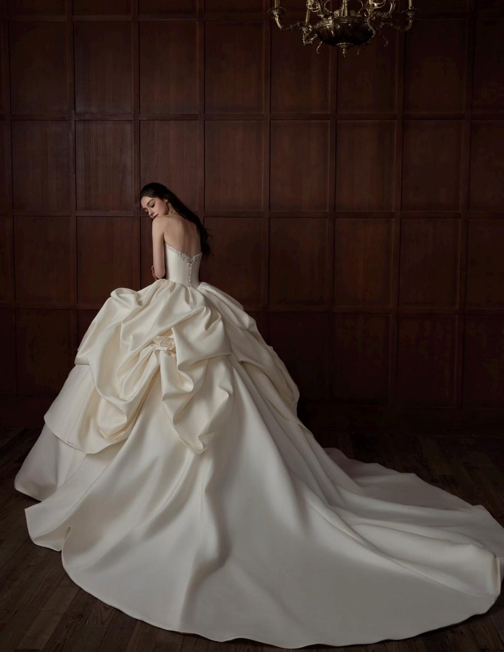 Strapless Beaded Satin Ballgown Bridal Gown, Draped Ruffle Skirt Couture Wedding Dress, Luxury Voluminous Bridal Gown