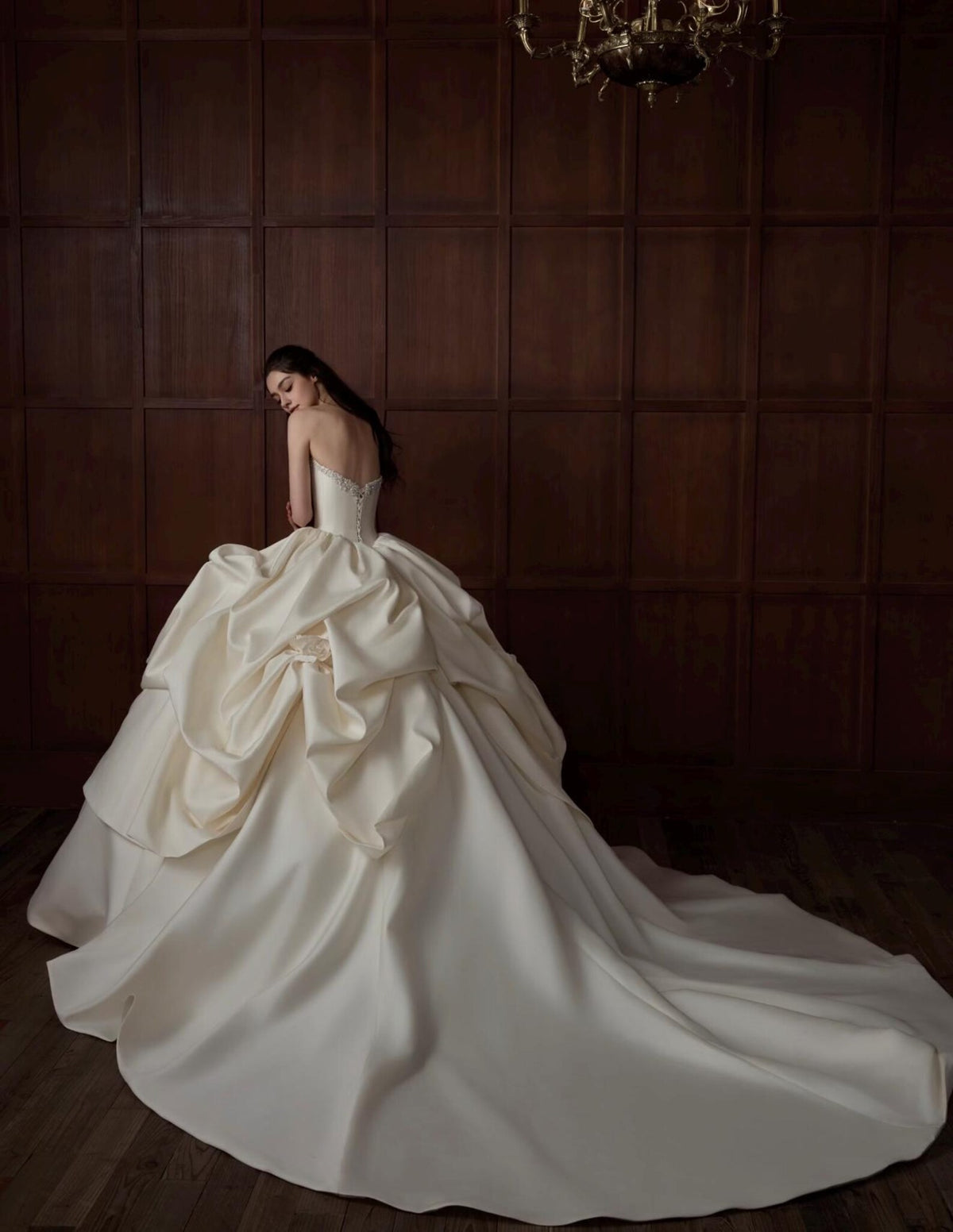 Strapless Beaded Satin Ballgown Bridal Gown, Draped Ruffle Skirt Couture Wedding Dress, Luxury Voluminous Bridal Gown