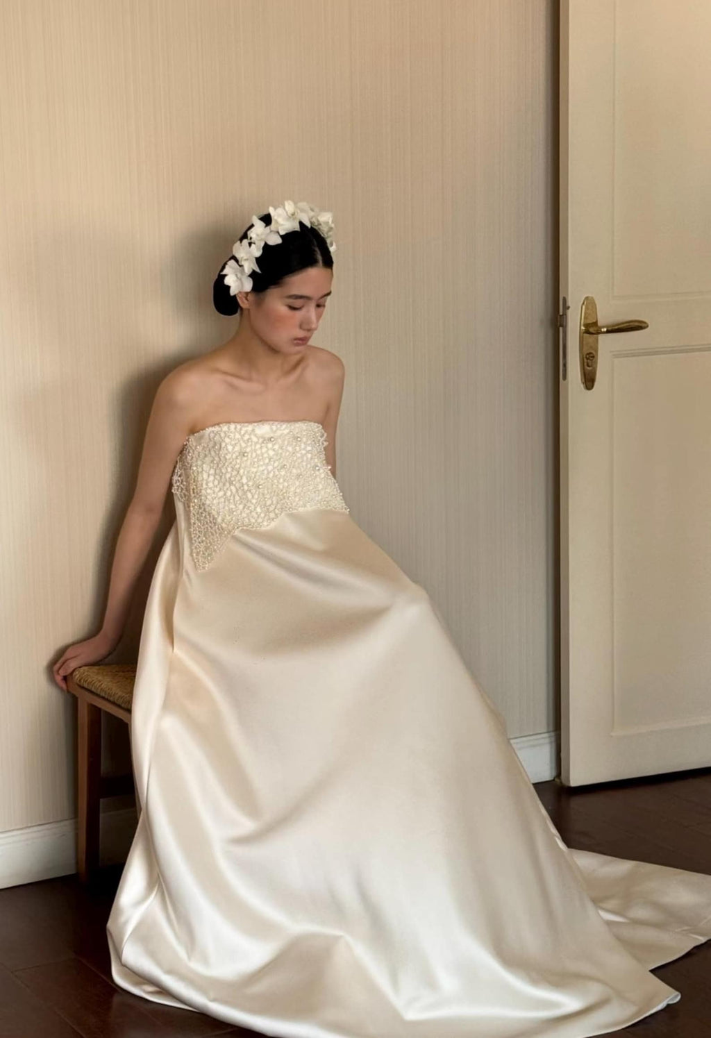 Modern Strapless Satin Wedding Dress, Hand‑Beaded Pearl Bodice Minimalist Bridal Gown