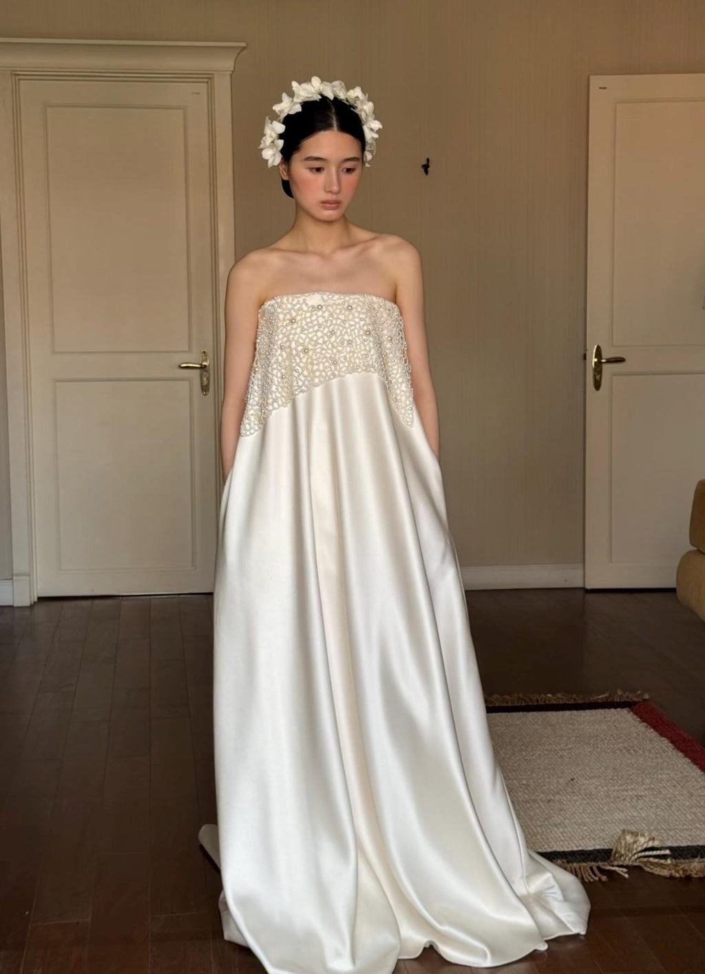 Modern Strapless Satin Wedding Dress, Hand‑Beaded Pearl Bodice Minimalist Bridal Gown