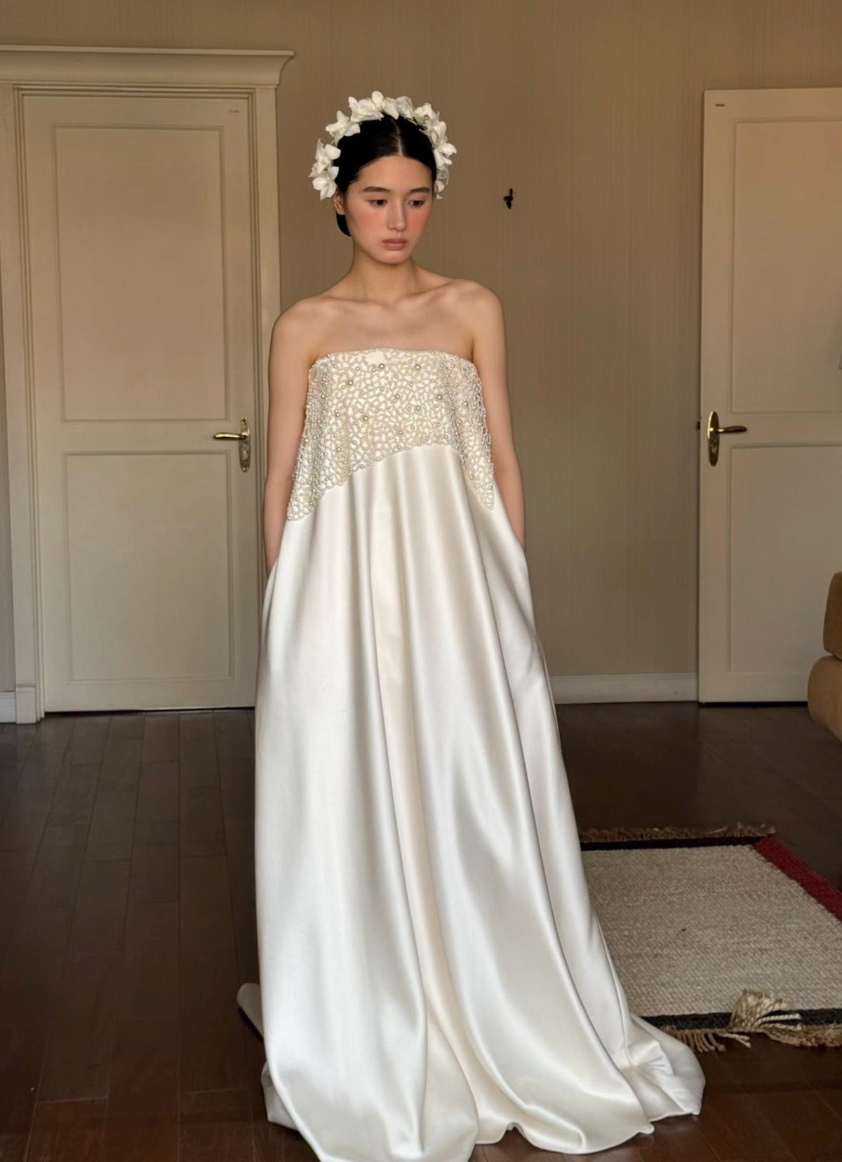Modern Strapless Satin Wedding Dress, Hand‑Beaded Pearl Bodice Minimalist Bridal Gown