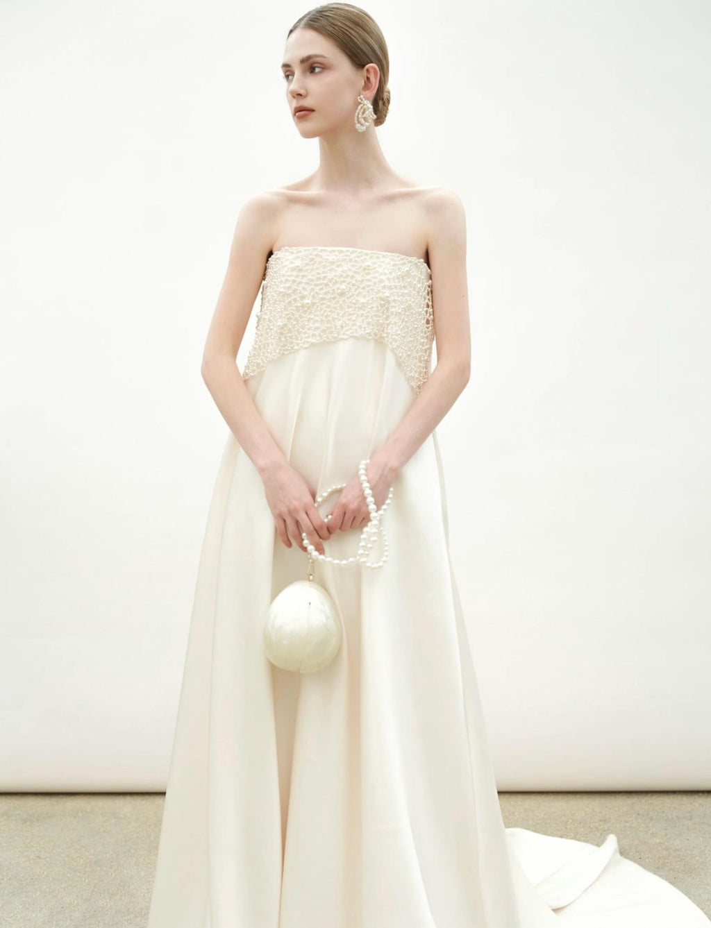 Modern Strapless Satin Wedding Dress, Hand‑Beaded Pearl Bodice Minimalist Bridal Gown