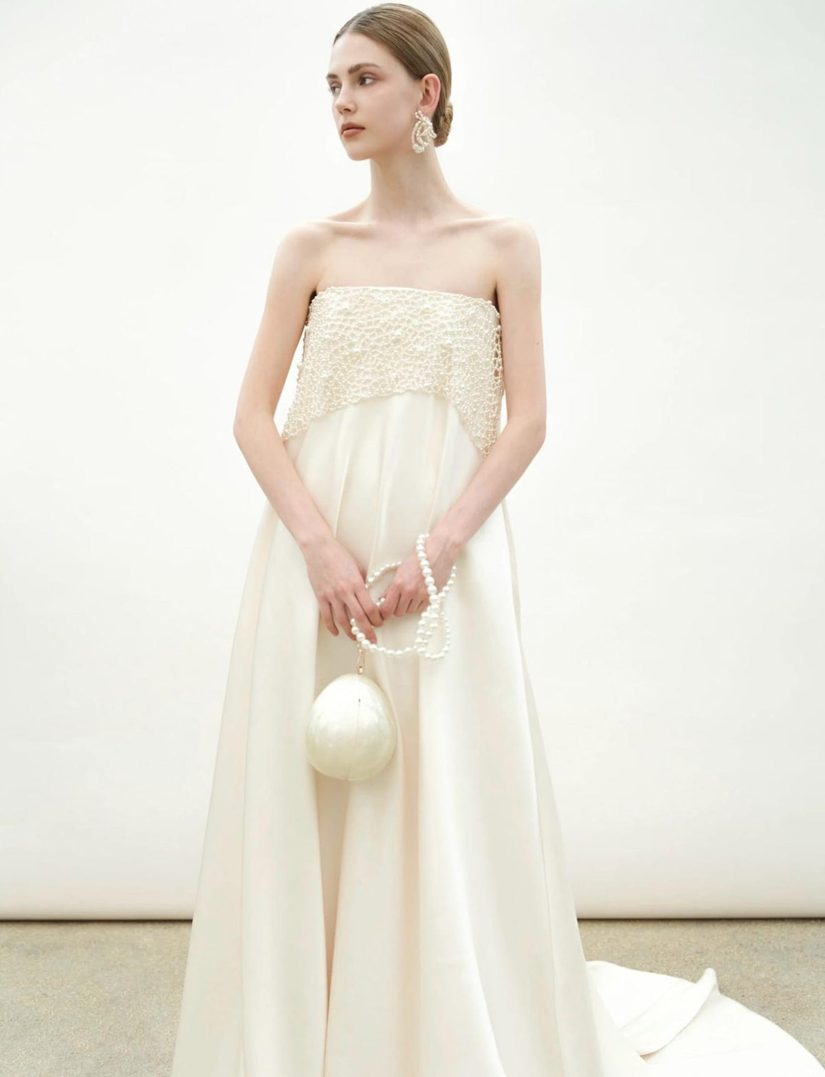 Modern Strapless Satin Wedding Dress, Hand‑Beaded Pearl Bodice Minimalist Bridal Gown